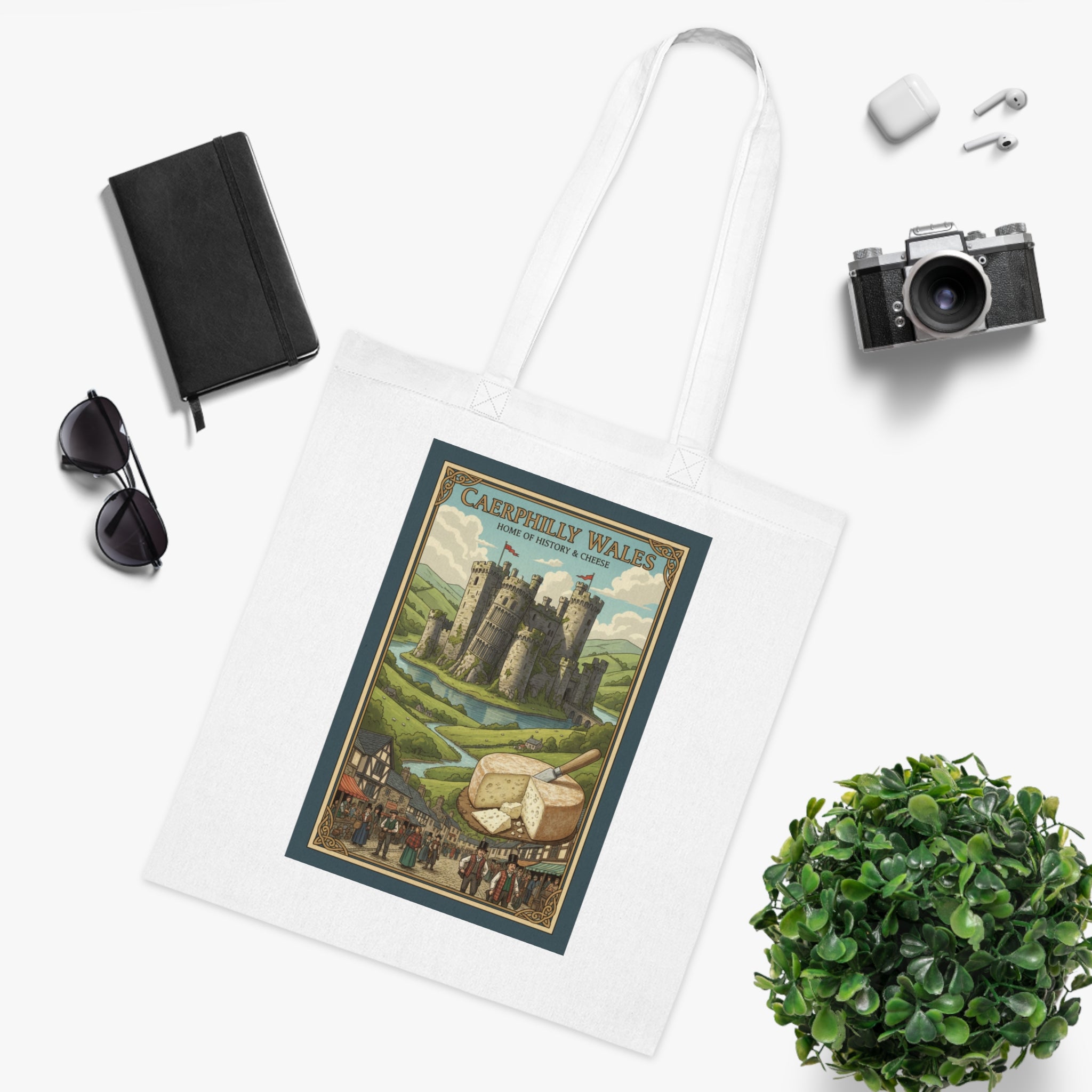 Vintage Castle & Cheese Market Cotton Tote — 'Caerphilly Wales' Retro Travel Poster Tote