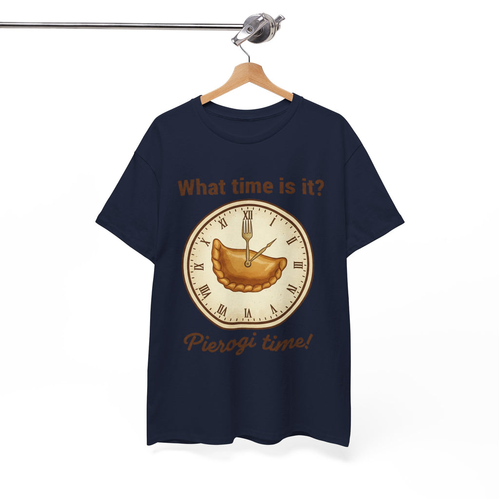 Pierogi Time T‑Shirt — "What time is it? Pierogi time!" Vintage Clock Food Tee