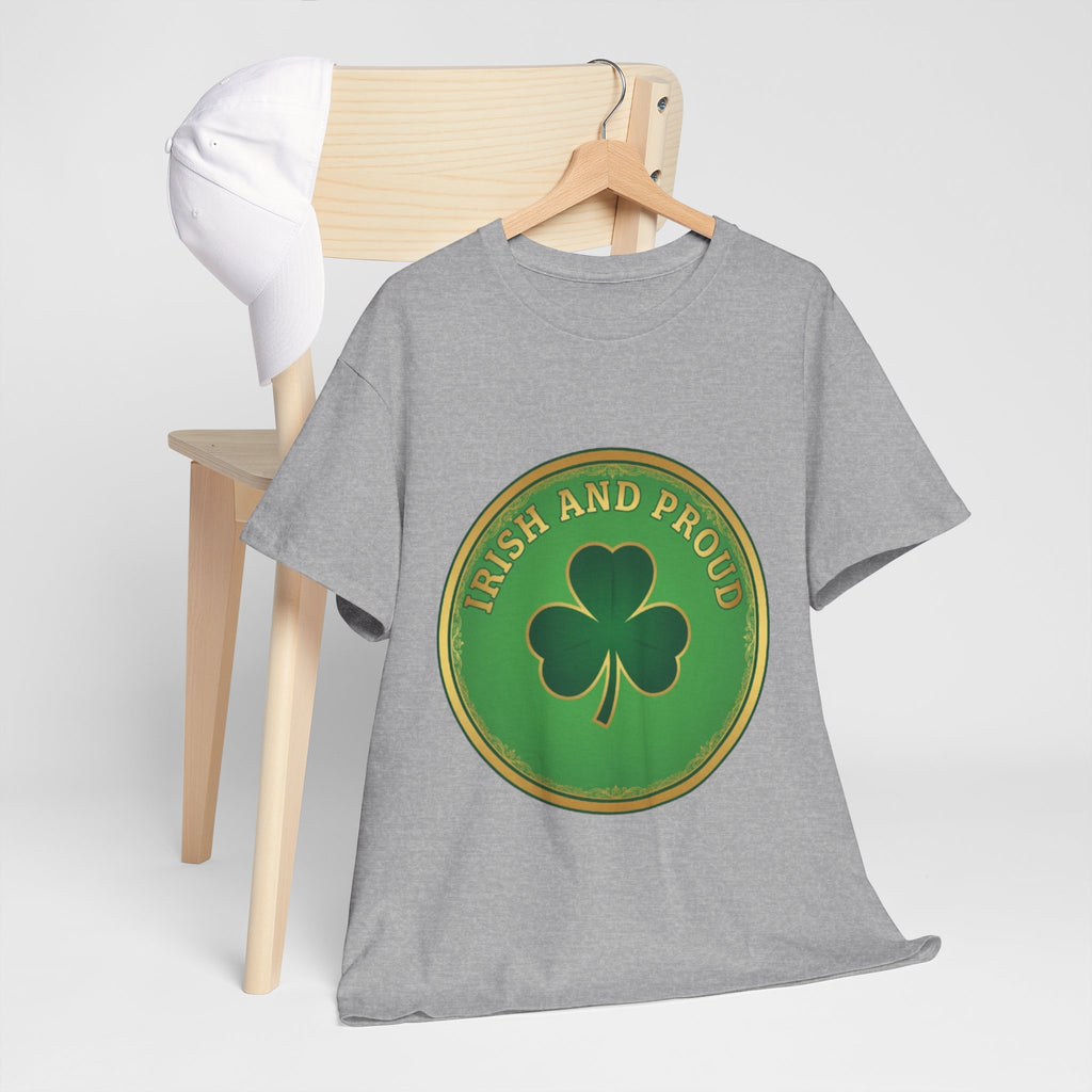 Irish and Proud T-Shirt — Green Shamrock Emblem Tee for St. Patrick's Day