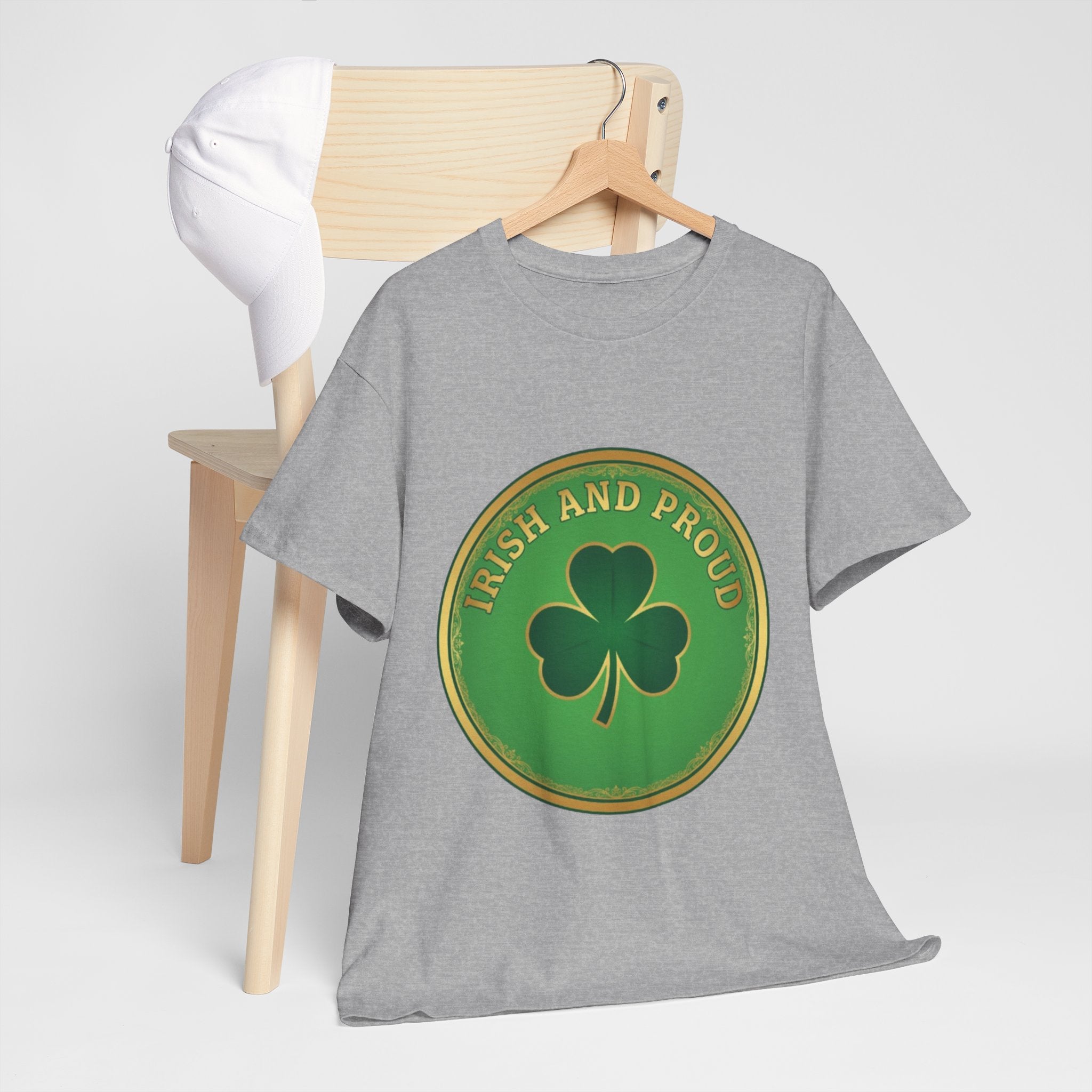 Irish and Proud T-Shirt — Green Shamrock Emblem Tee for St. Patrick's Day