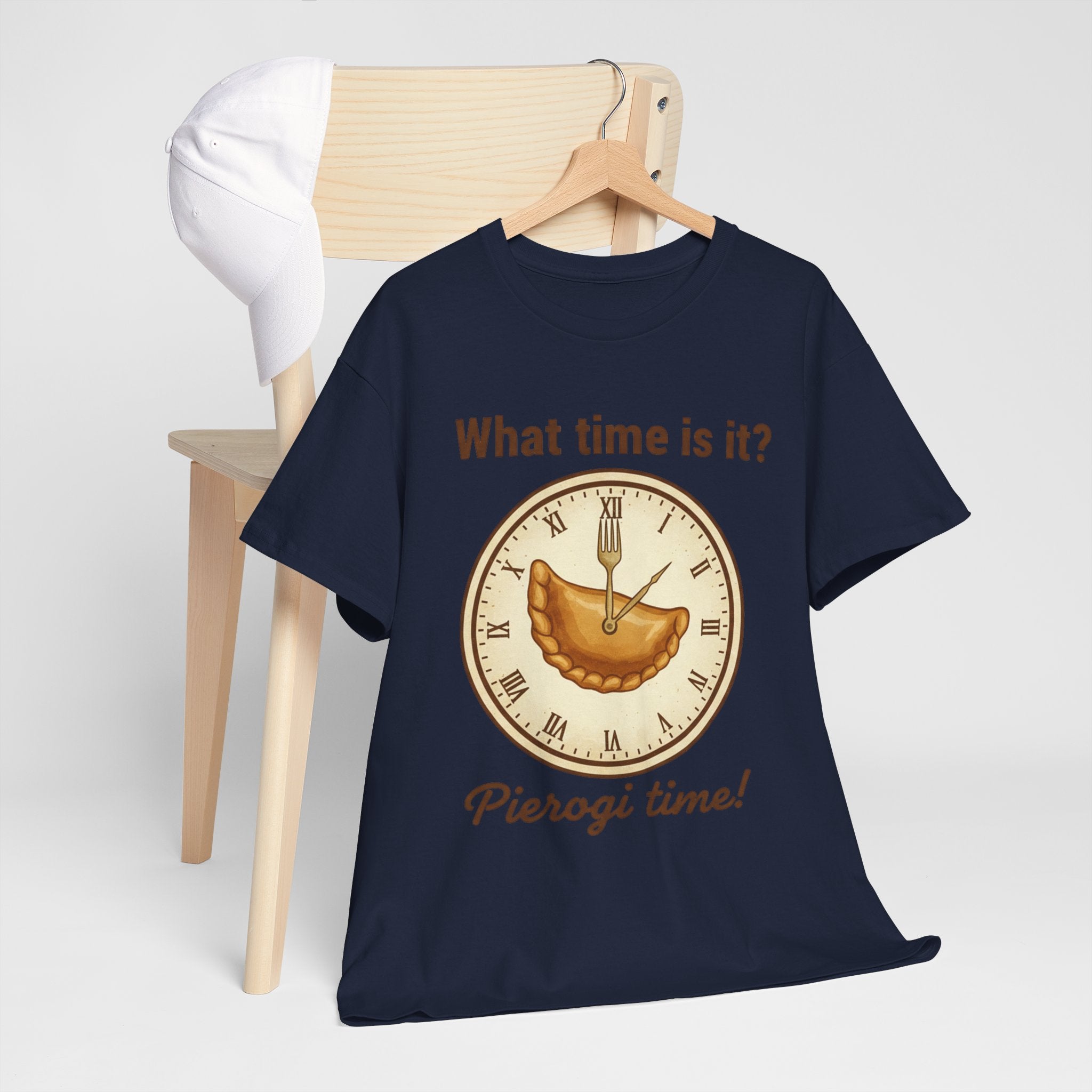 Pierogi Time T‑Shirt — "What time is it? Pierogi time!" Vintage Clock Food Tee