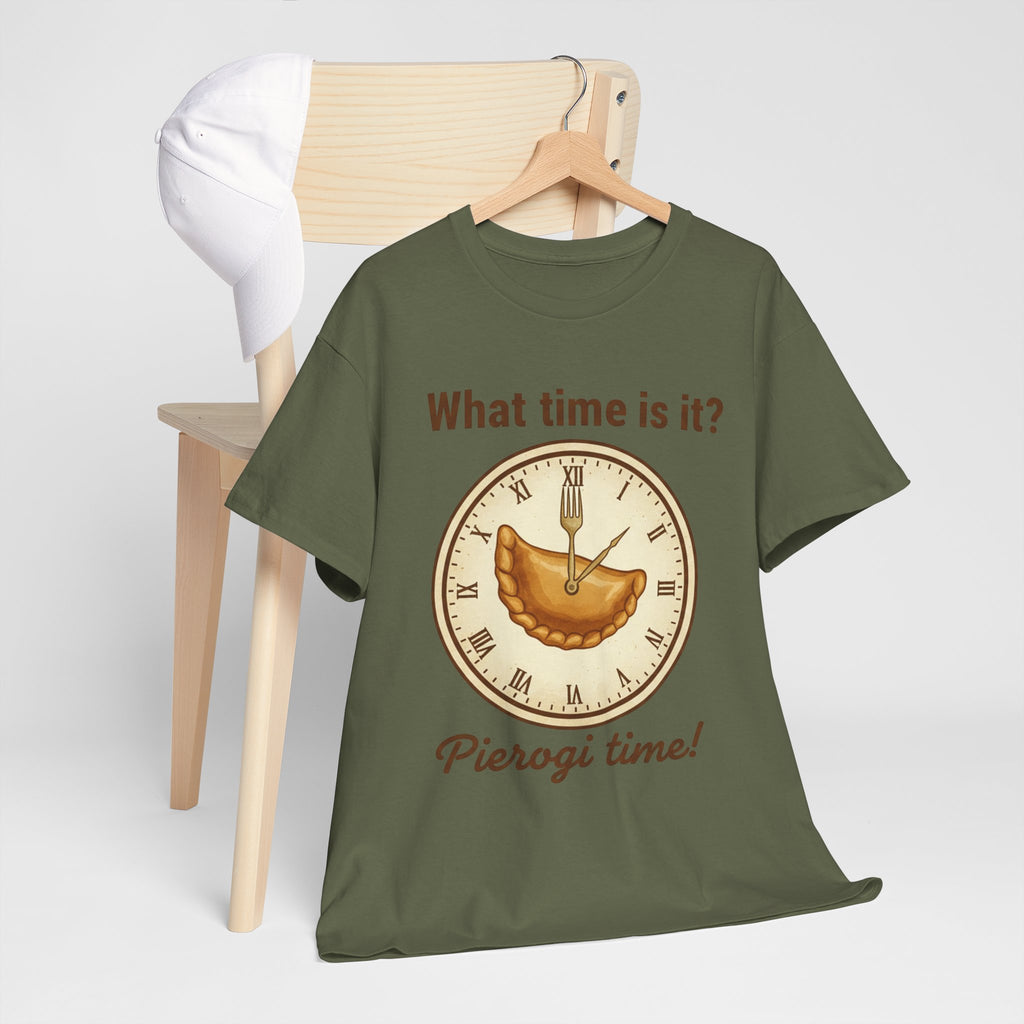 Pierogi Time T‑Shirt — "What time is it? Pierogi time!" Vintage Clock Food Tee