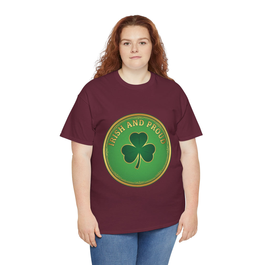 Irish and Proud T-Shirt — Green Shamrock Emblem Tee for St. Patrick's Day