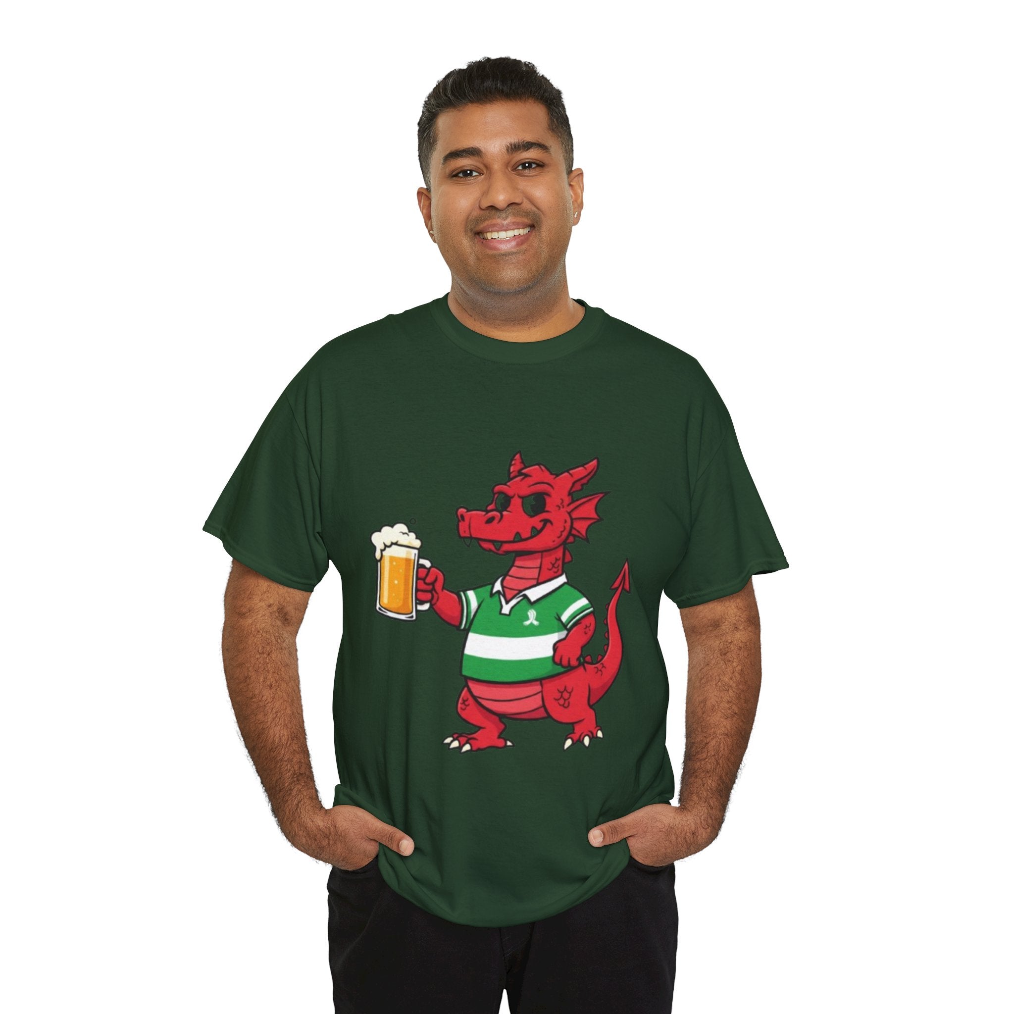 Dragon Cheers T‑Shirt — Cute Red Dragon Holding Beer Graphic Tee