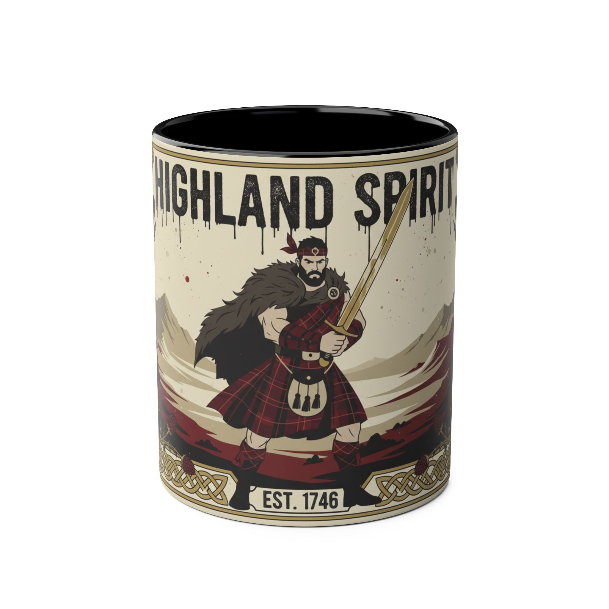 Highland Spirit Coffee Mug — Vintage Scottish Highlander 11oz Two-Tone Ceramic