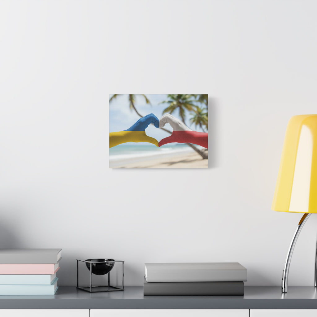 Ukrainian & Polish Heart Stretched Canvas Wall Art — Hands Forming Heart Painted with Bahamas & Poland Flags (Matte)