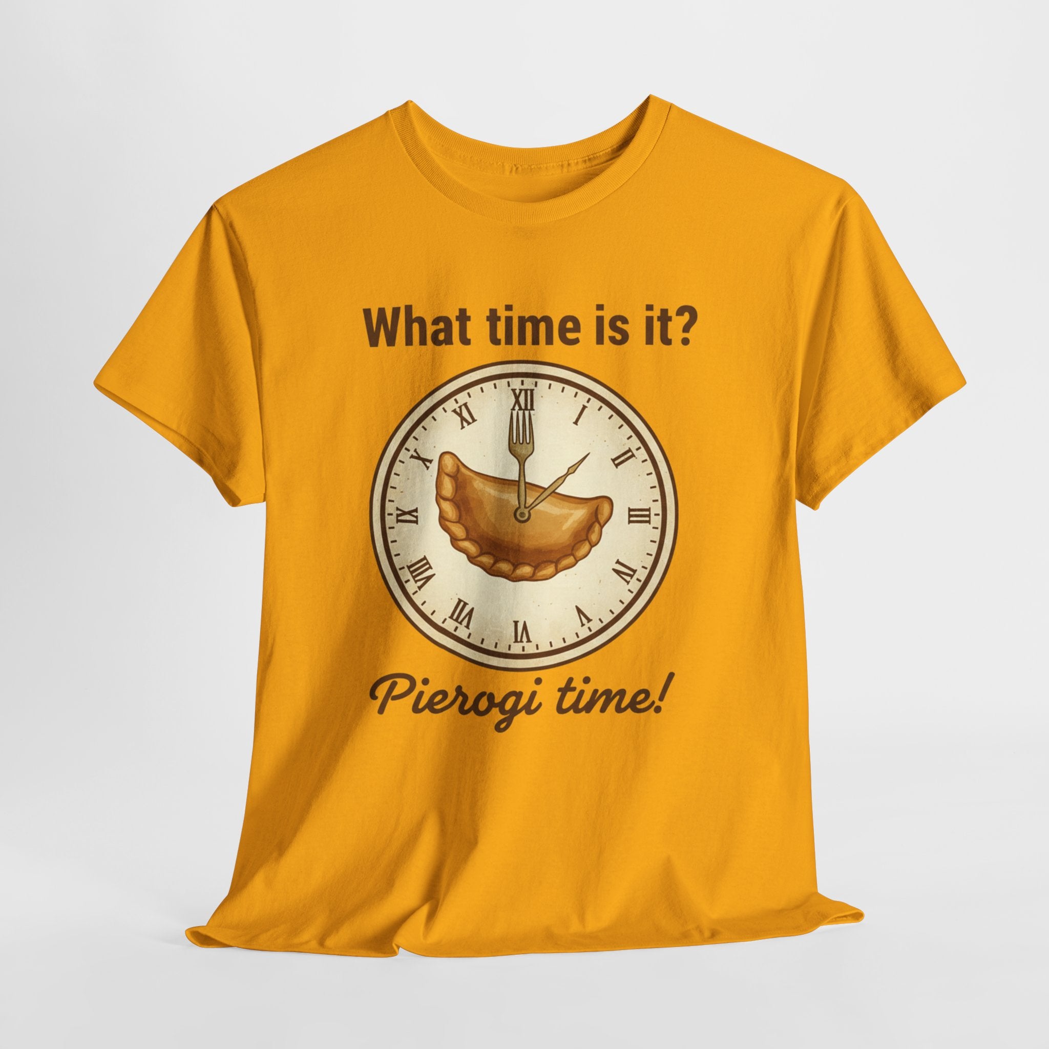Pierogi Time T‑Shirt — "What time is it? Pierogi time!" Vintage Clock Food Tee