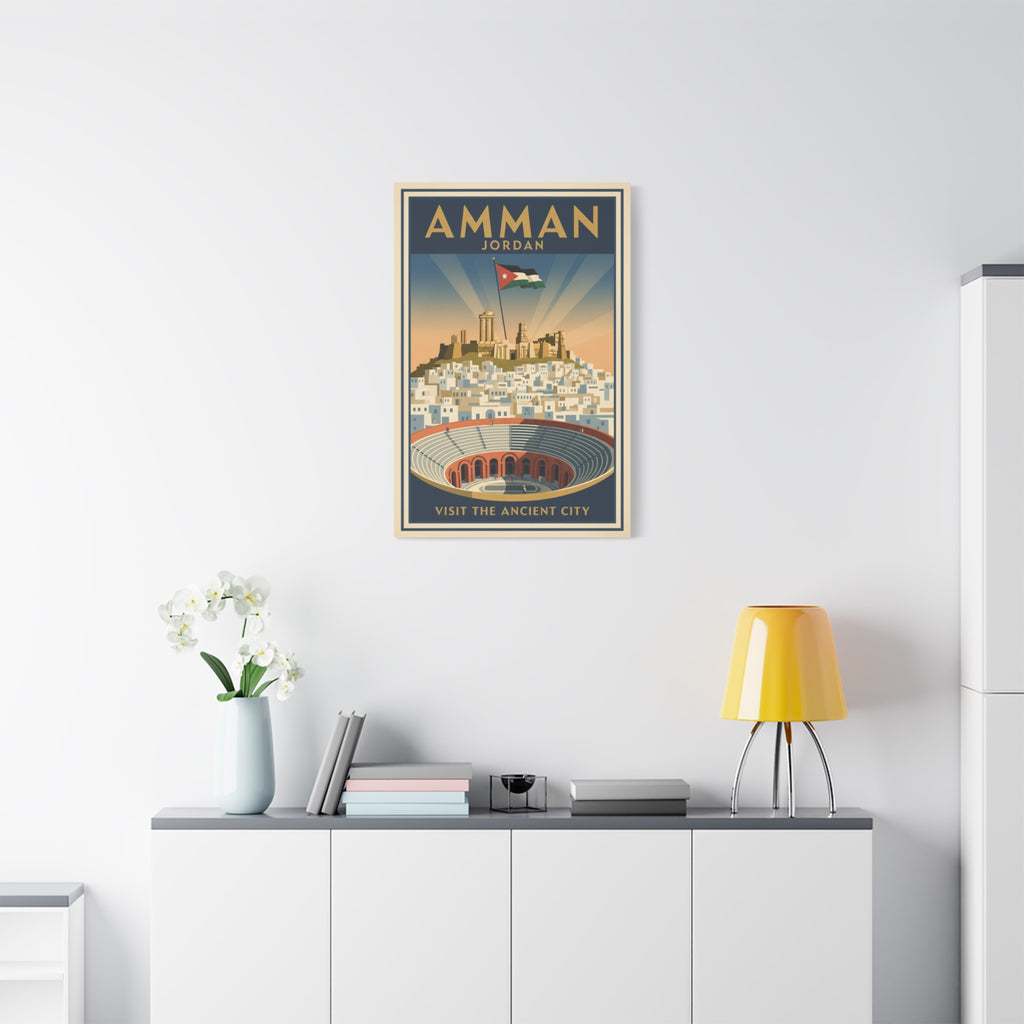 Amman Jordan Vintage Travel Canvas – "Visit the Ancient City" Stretched Wall Art