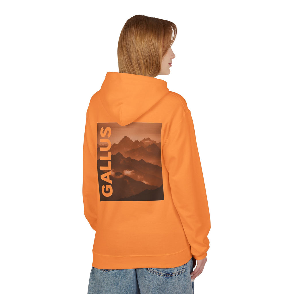 Gallus Mountain Logo Hoodie — Orange Scenic Back-Print Pullover