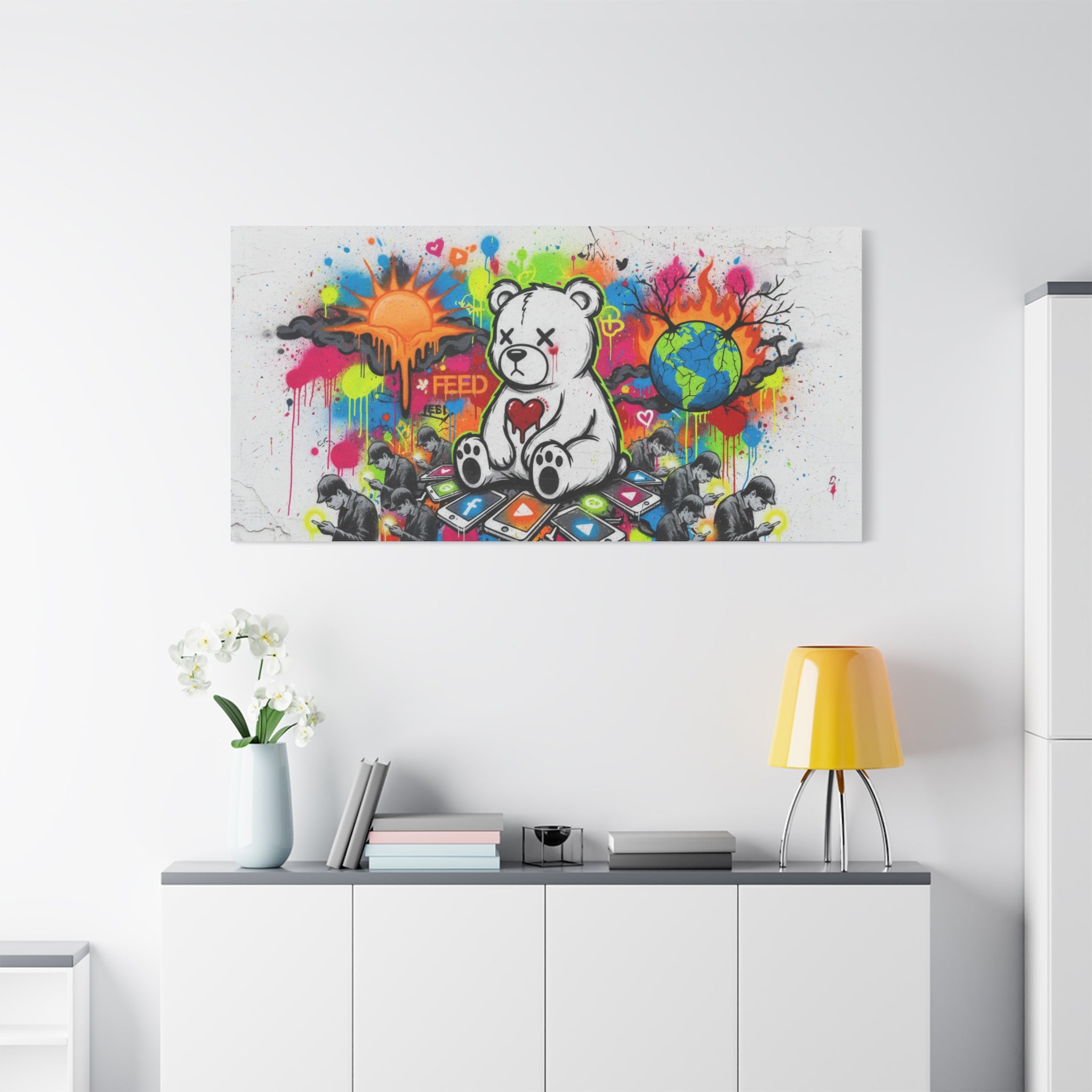 Graffiti Teddy Bear Matte Canvas Wall Art — Colourful Urban Pop Street Art Print