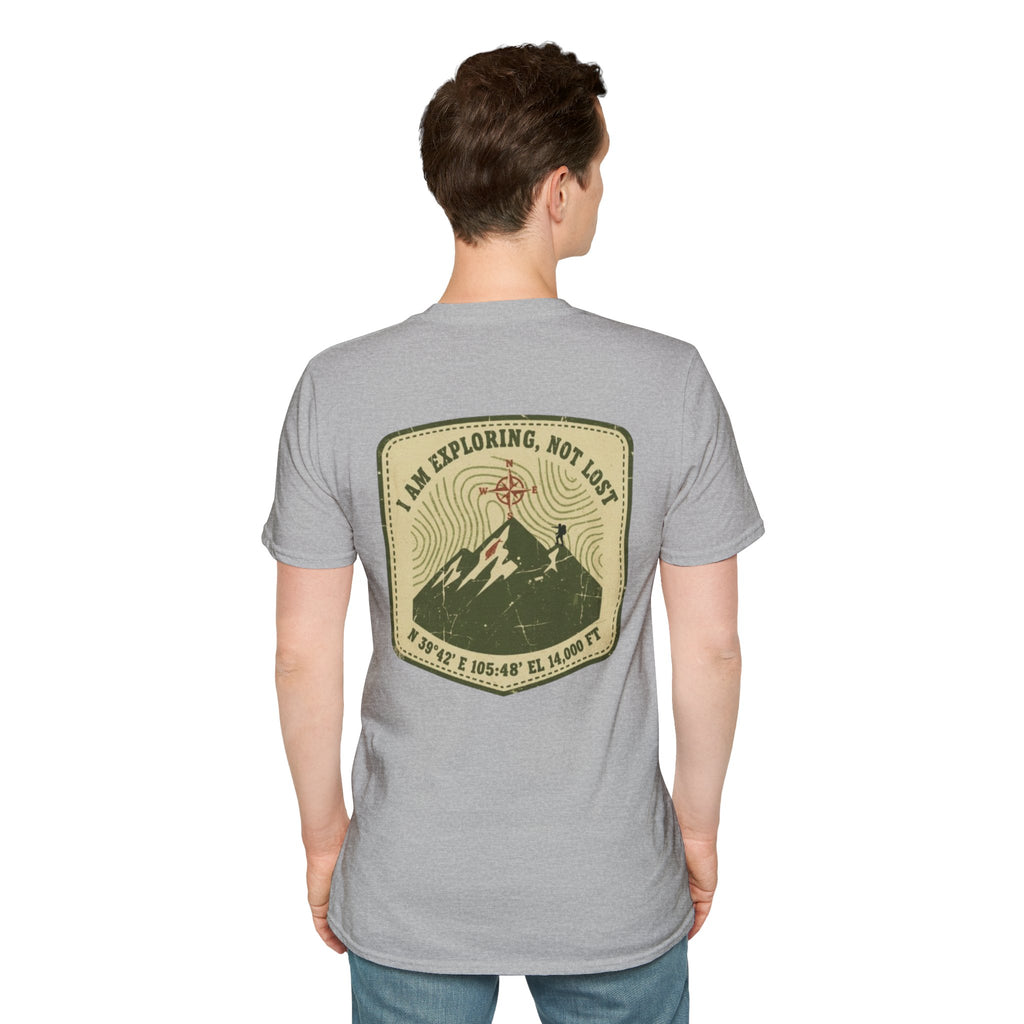 Adventure T-Shirt — "I Am Exploring, Not Lost" Mountain Patch Crew