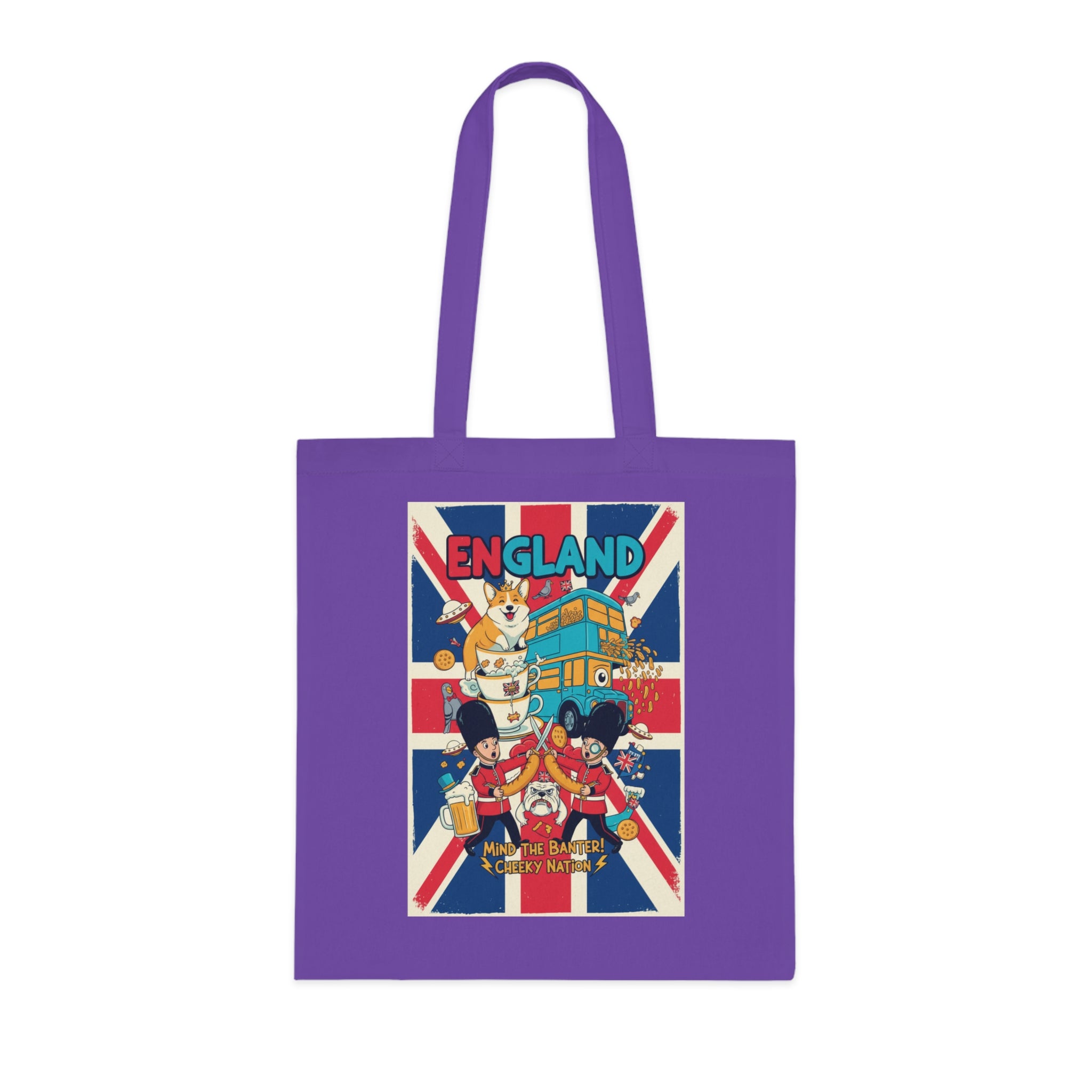 England Union Jack Cotton Tote Bag – Cute London Icons (Big Ben, Double Decker, Guards)