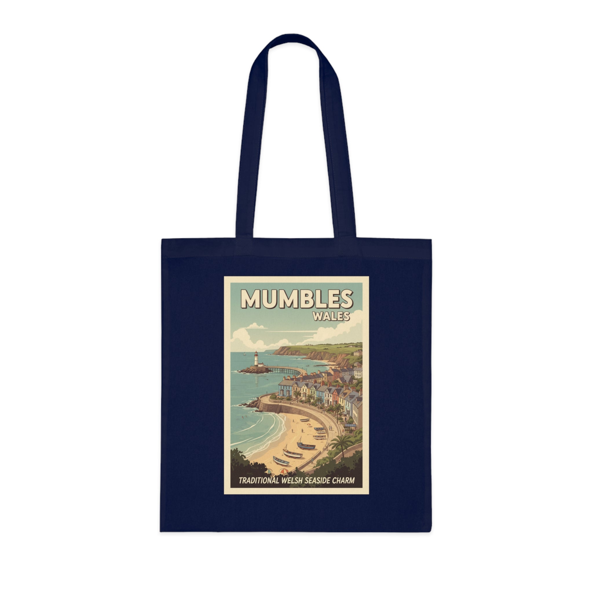 Mumbles Wales Vintage Seaside Tote Bag — Retro Travel Poster Cotton Tote