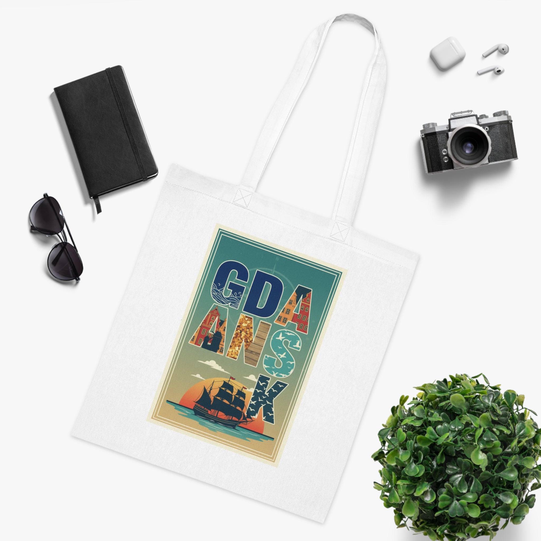 Gdańsk Vintage Travel Tote Bag – Retro Ship & Sunset Cotton Shopper