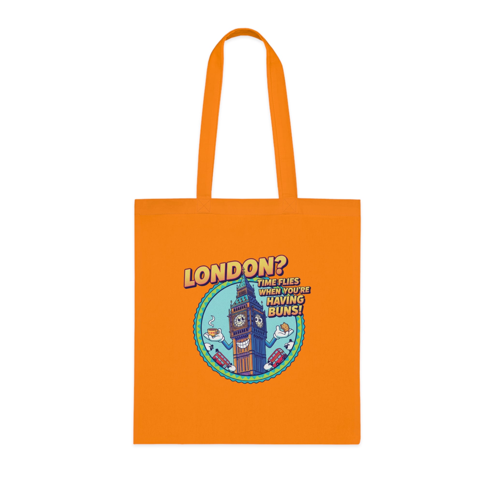 London? Having Buns! Big Ben Cartoon Cotton Tote Bag — Funny UK Travel Gift