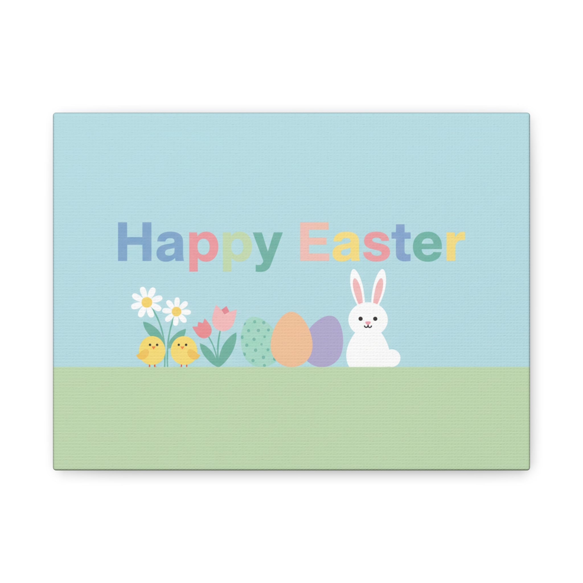 Happy Easter Canvas Wall Art — Pastel Bunny, Chicks & Eggs Matte Stretched Canvas