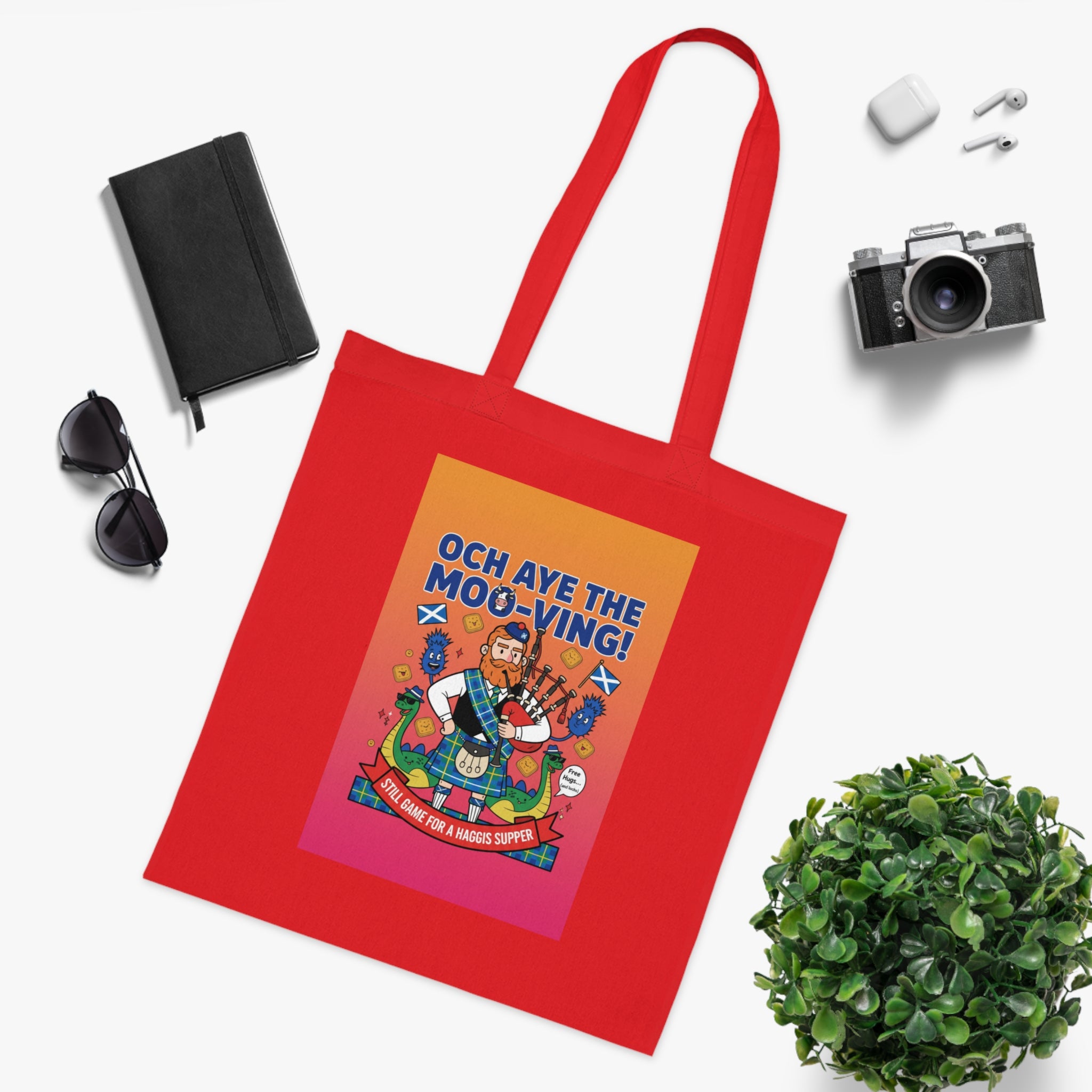 Scottish Cow Cartoon Cotton Tote — "Och Aye the Moo-ving!" Funny Celtic Grocery Bag