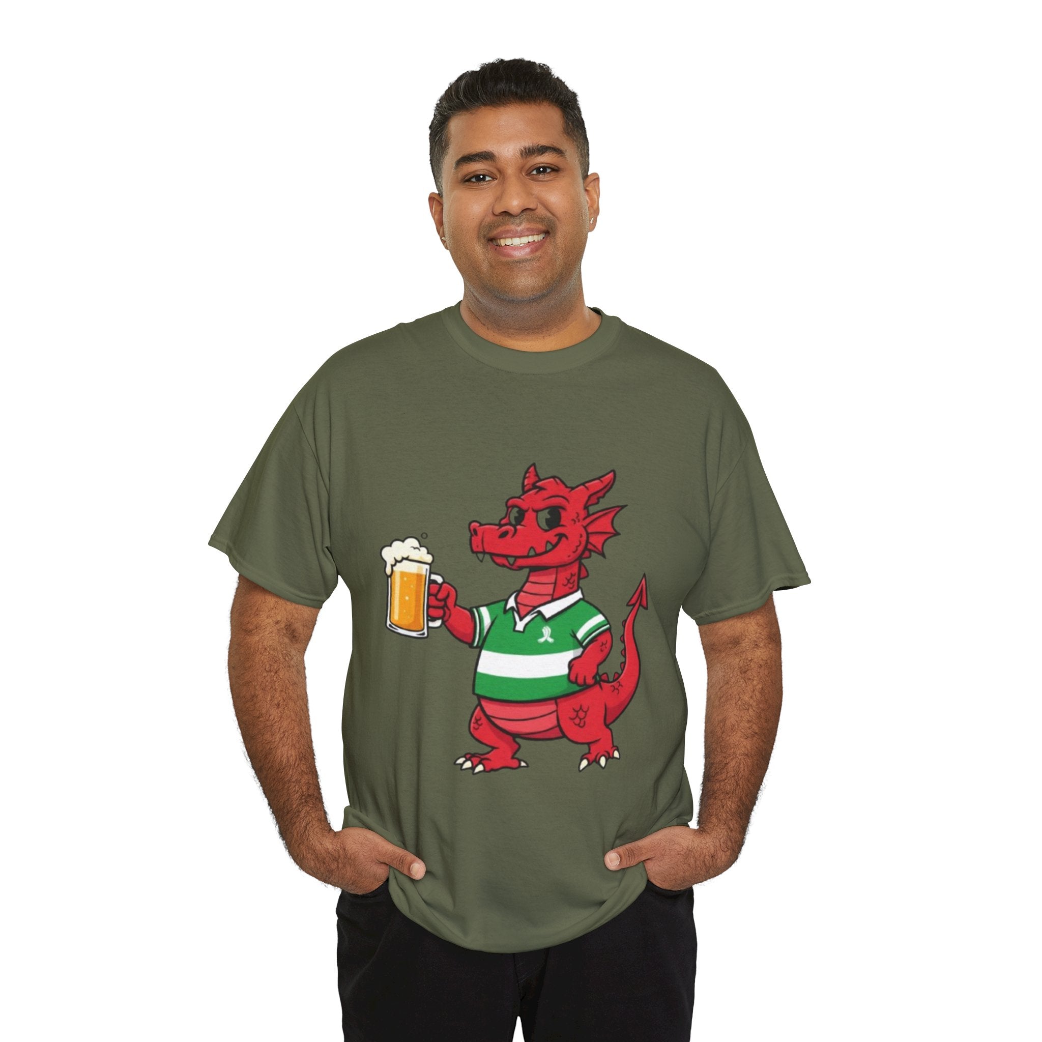 Dragon Cheers T‑Shirt — Cute Red Dragon Holding Beer Graphic Tee