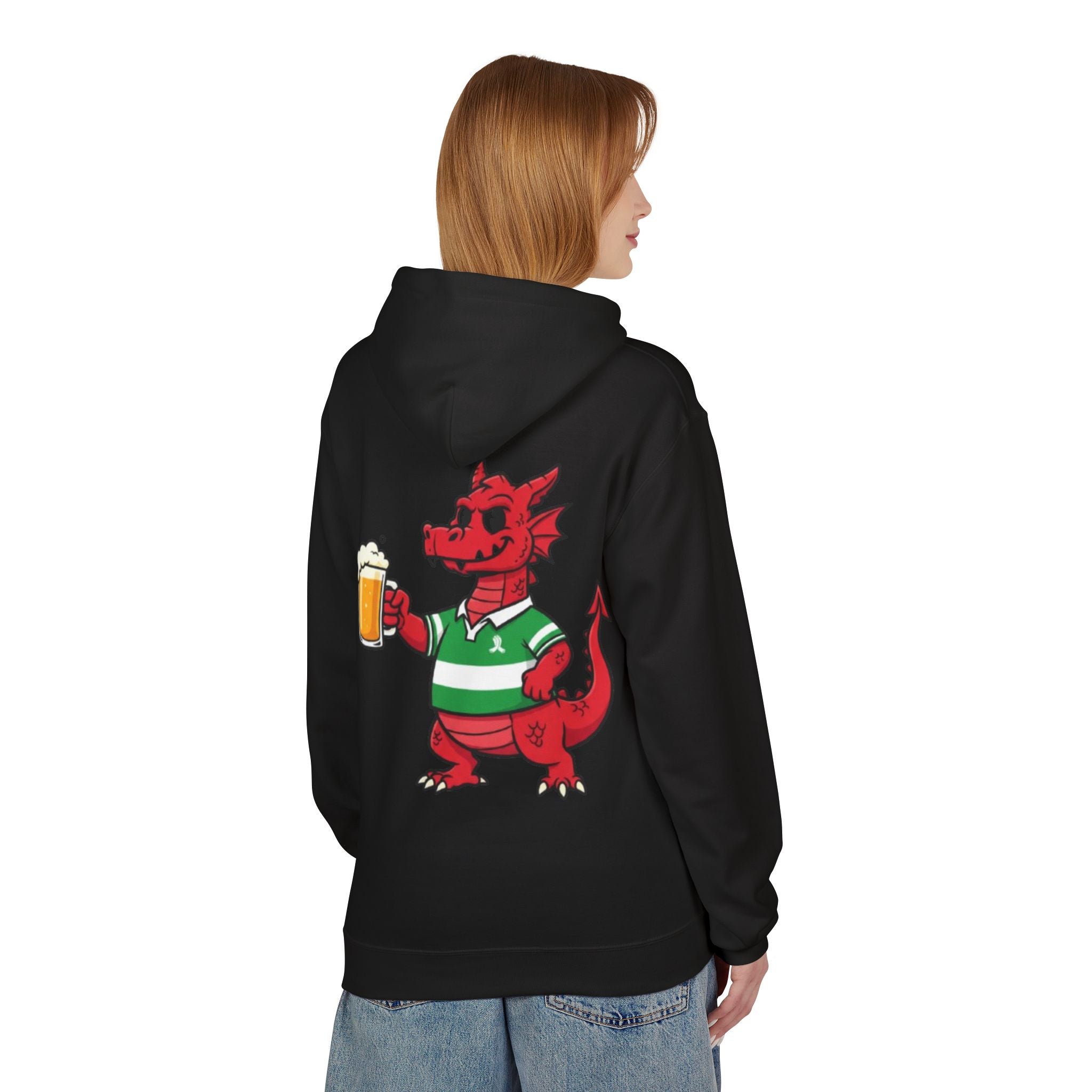 Welsh Dragon Drinking Beer Hoodie — Rugby Pub Fan Pullover