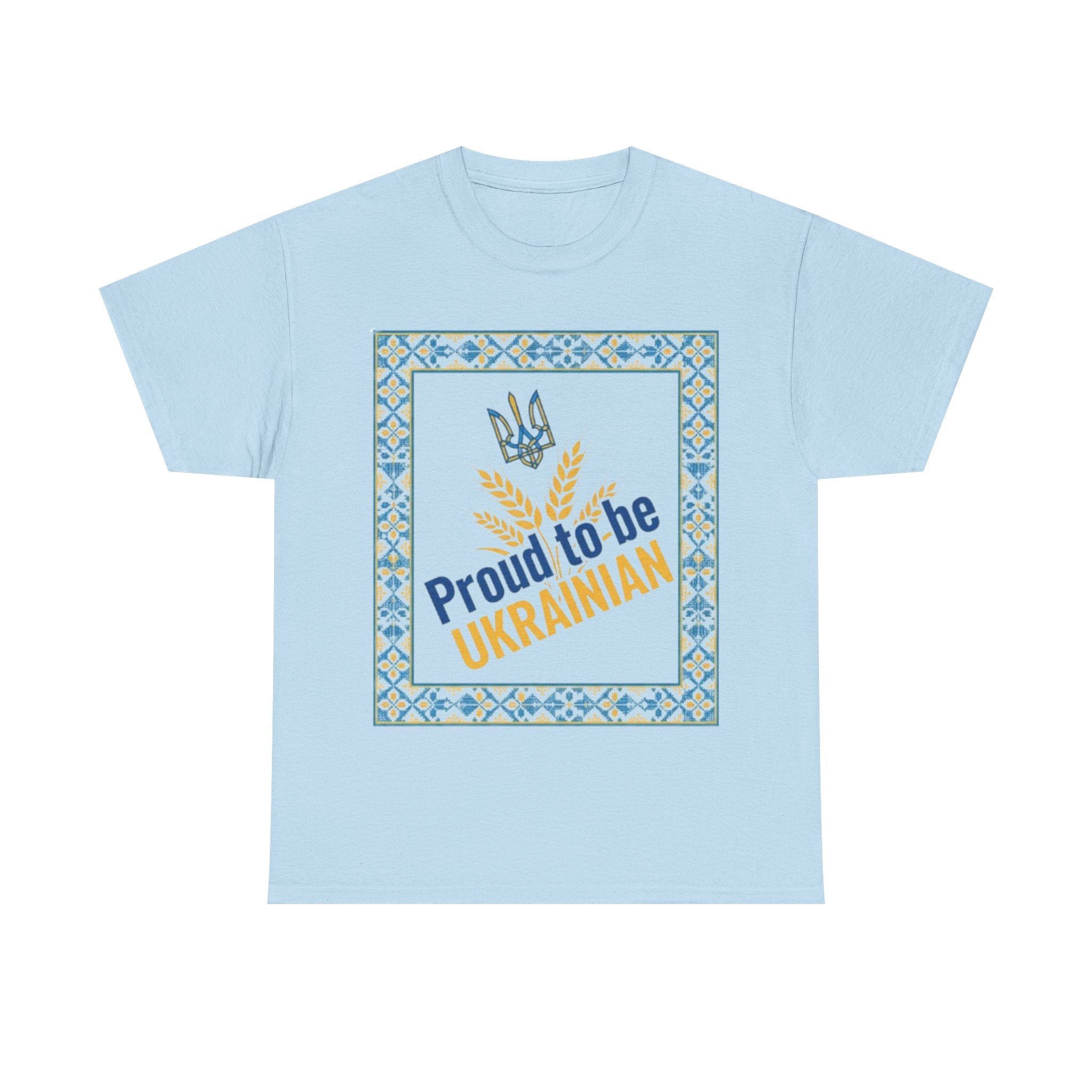 Proud to Be Ukrainian T-Shirt — Ukrainian Pride Tee with Tryzub & Wheat Design