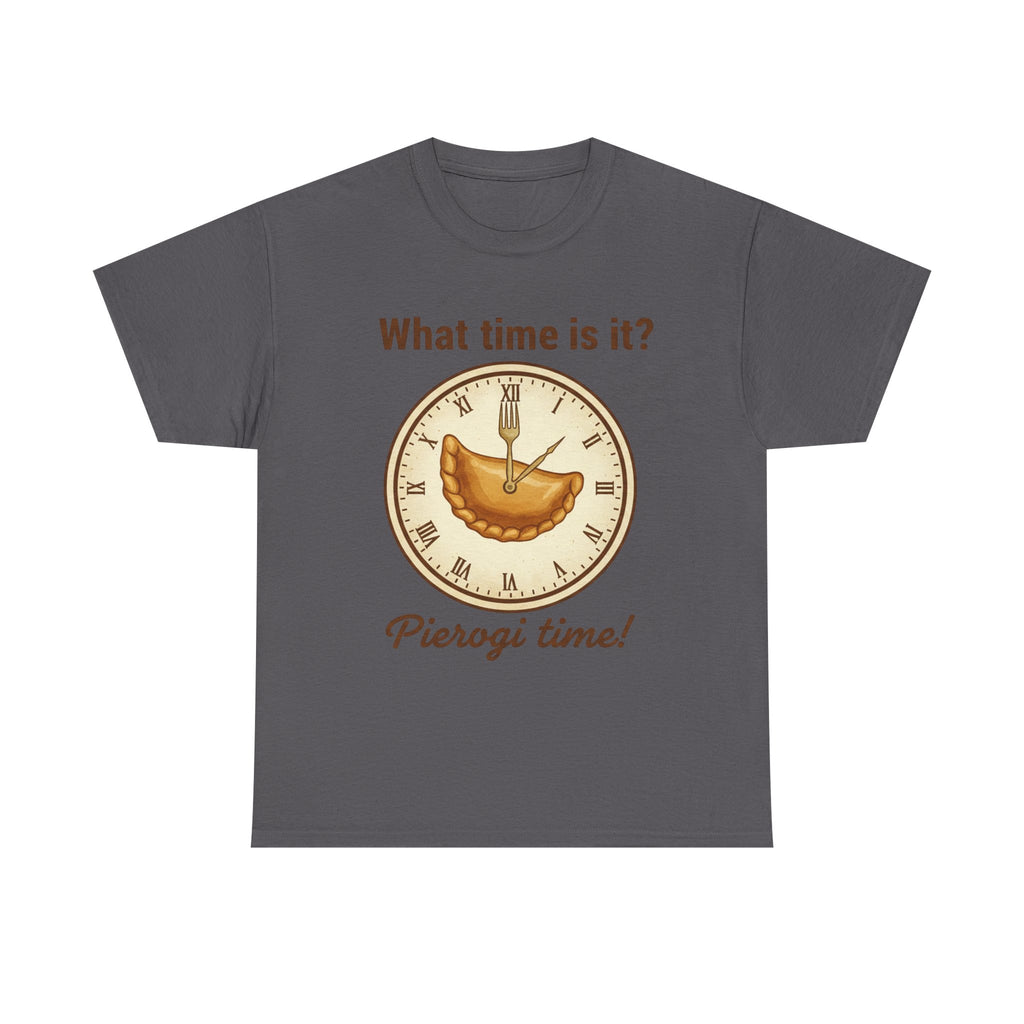 Pierogi Time T‑Shirt — "What time is it? Pierogi time!" Vintage Clock Food Tee