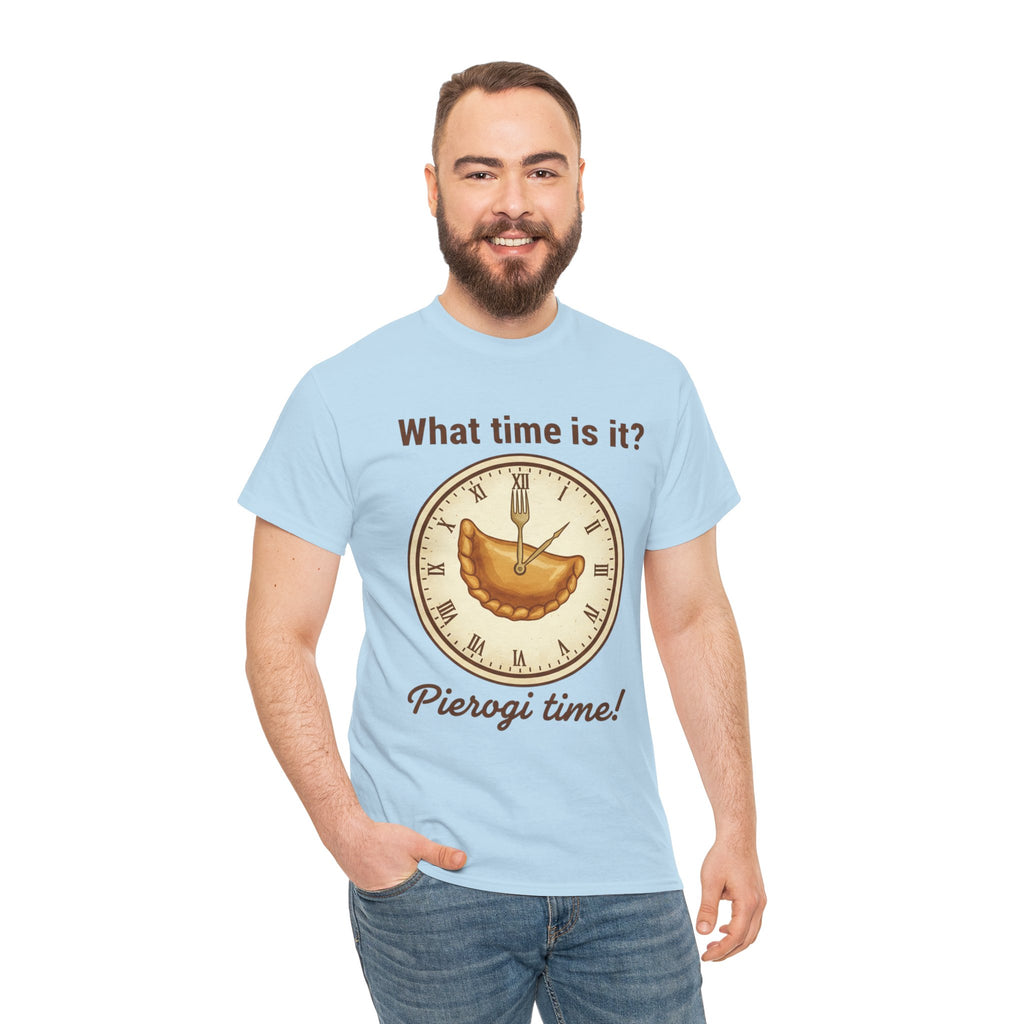 Pierogi Time T‑Shirt — "What time is it? Pierogi time!" Vintage Clock Food Tee