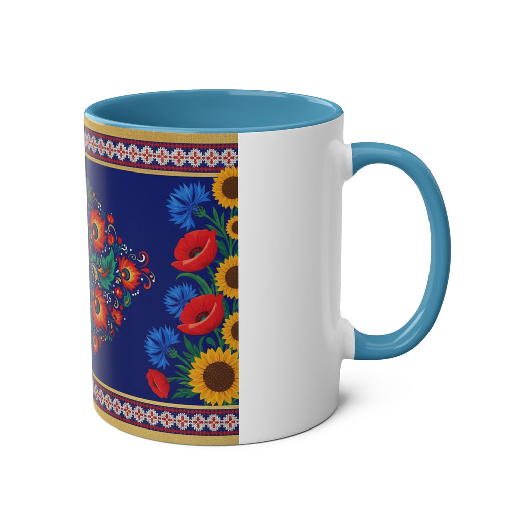 Ukrainian Floral Coffee Mug — Two-Tone 11oz with Tryzub & Folk Motif