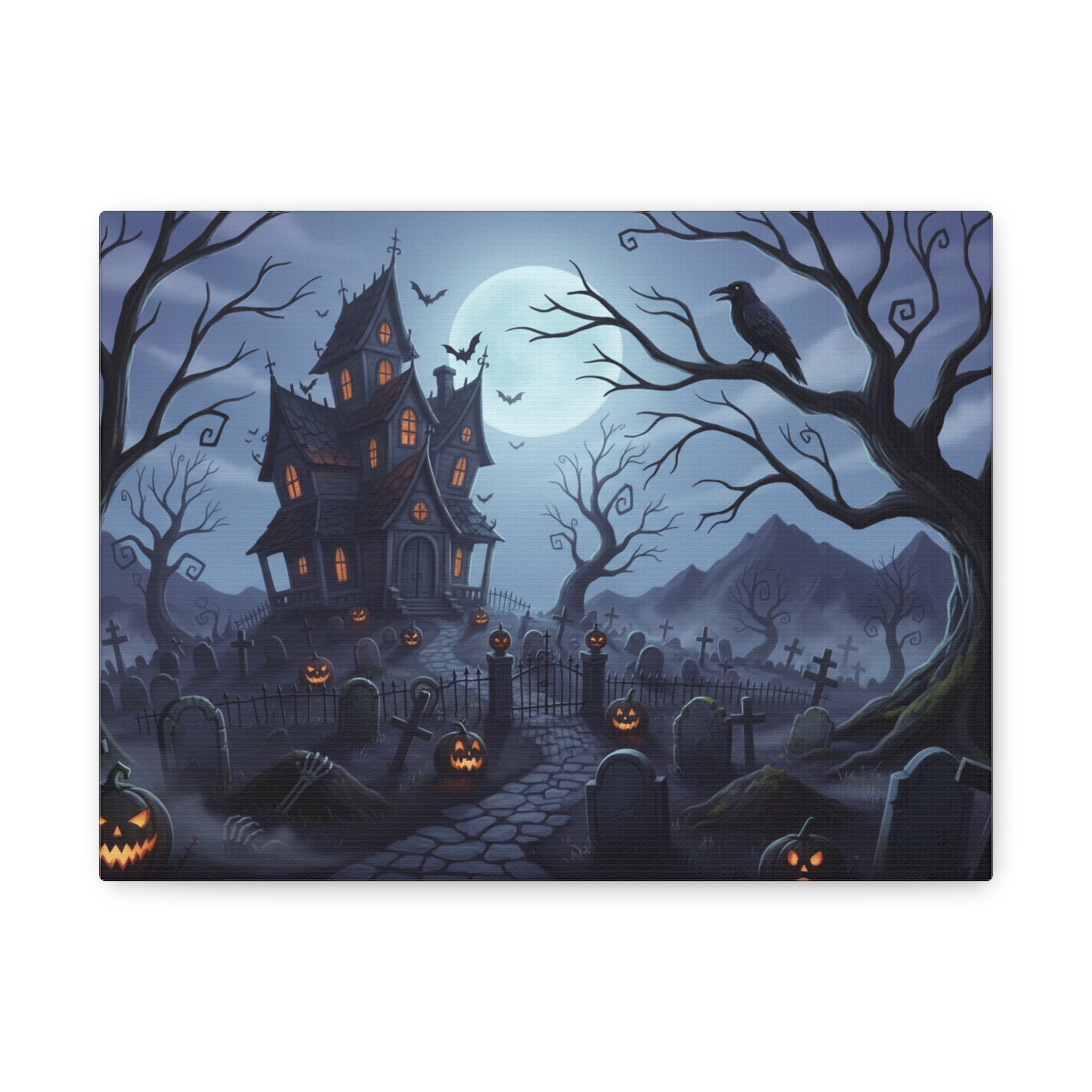Spooky Haunted House Halloween Canvas Art - Moonlit Graveyard Wall Decor