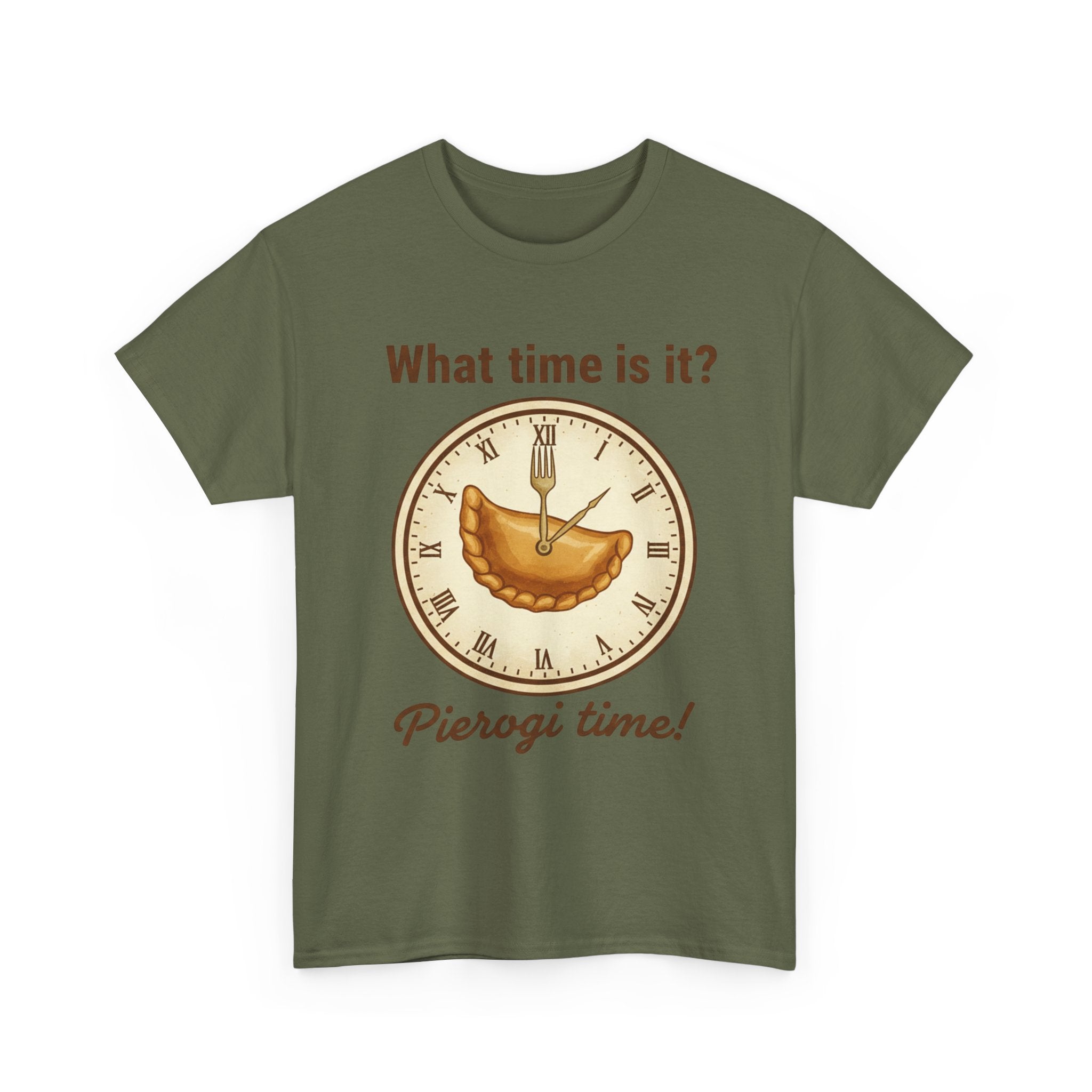 Pierogi Time T‑Shirt — "What time is it? Pierogi time!" Vintage Clock Food Tee