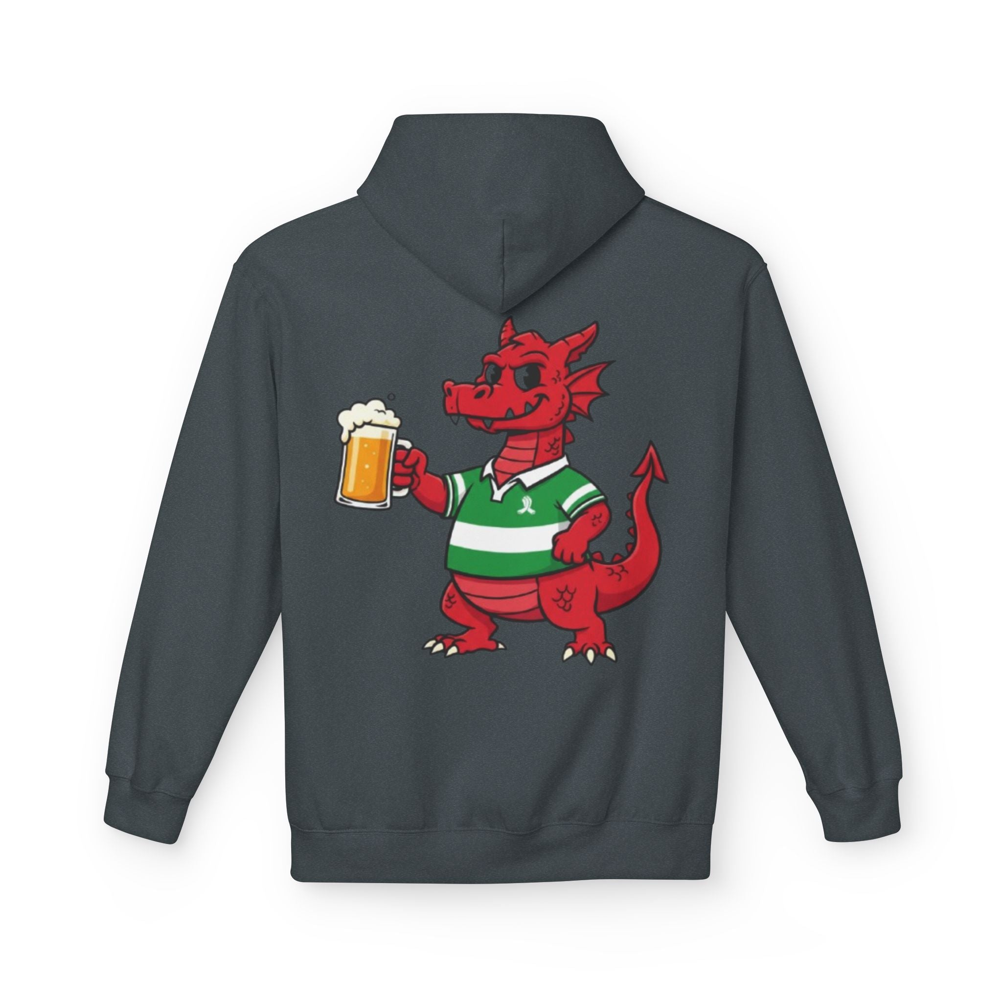 Welsh Dragon Drinking Beer Hoodie — Rugby Pub Fan Pullover
