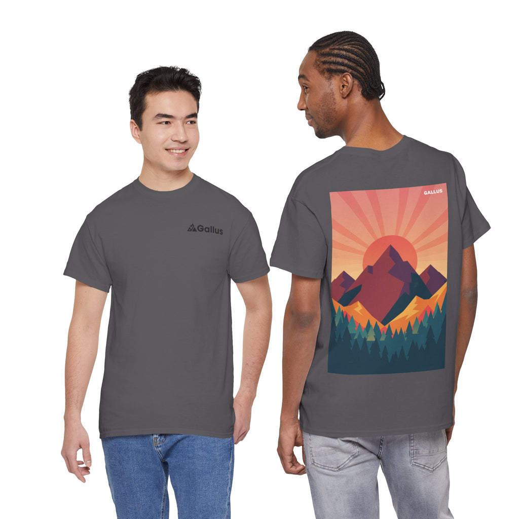 Mountain Sunset Graphic Tee — Vintage Nature Poster Back Print
