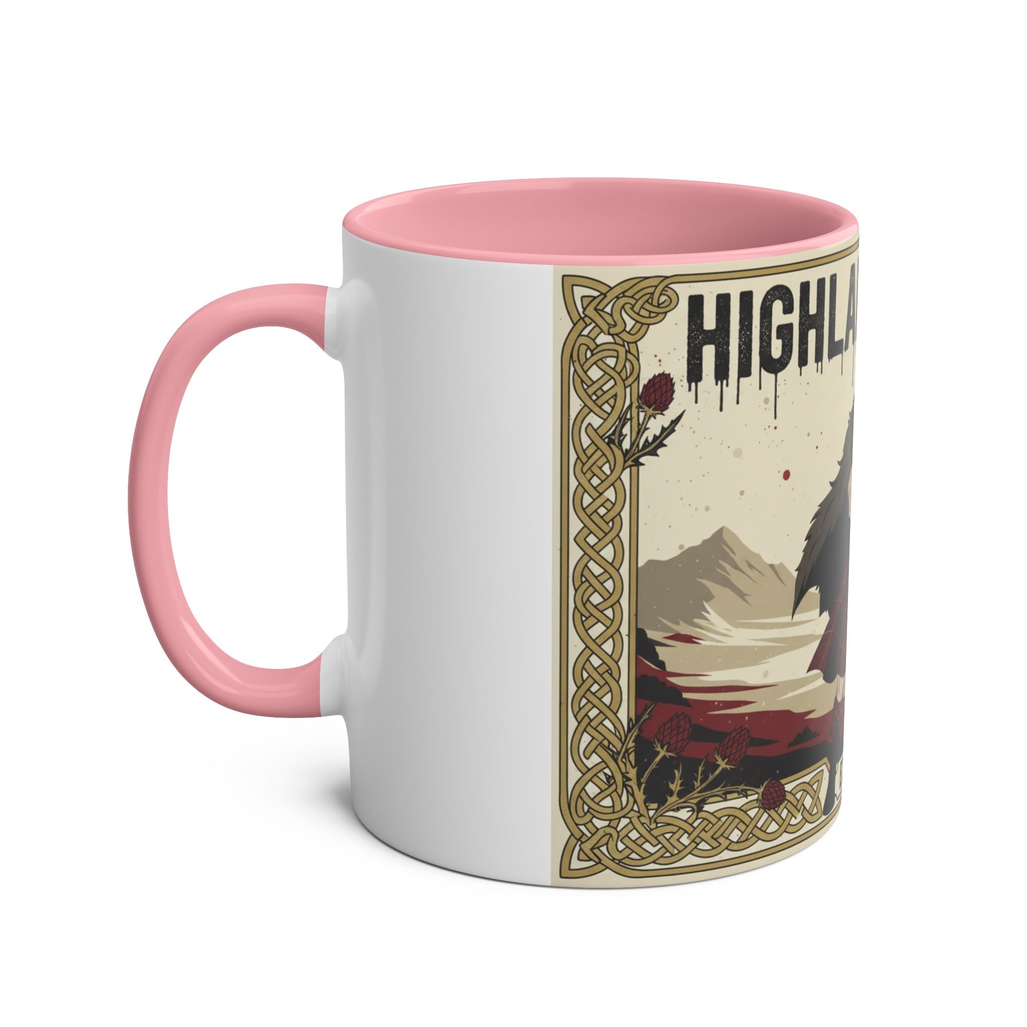 Highland Spirit Coffee Mug — Vintage Scottish Highlander 11oz Two-Tone Ceramic