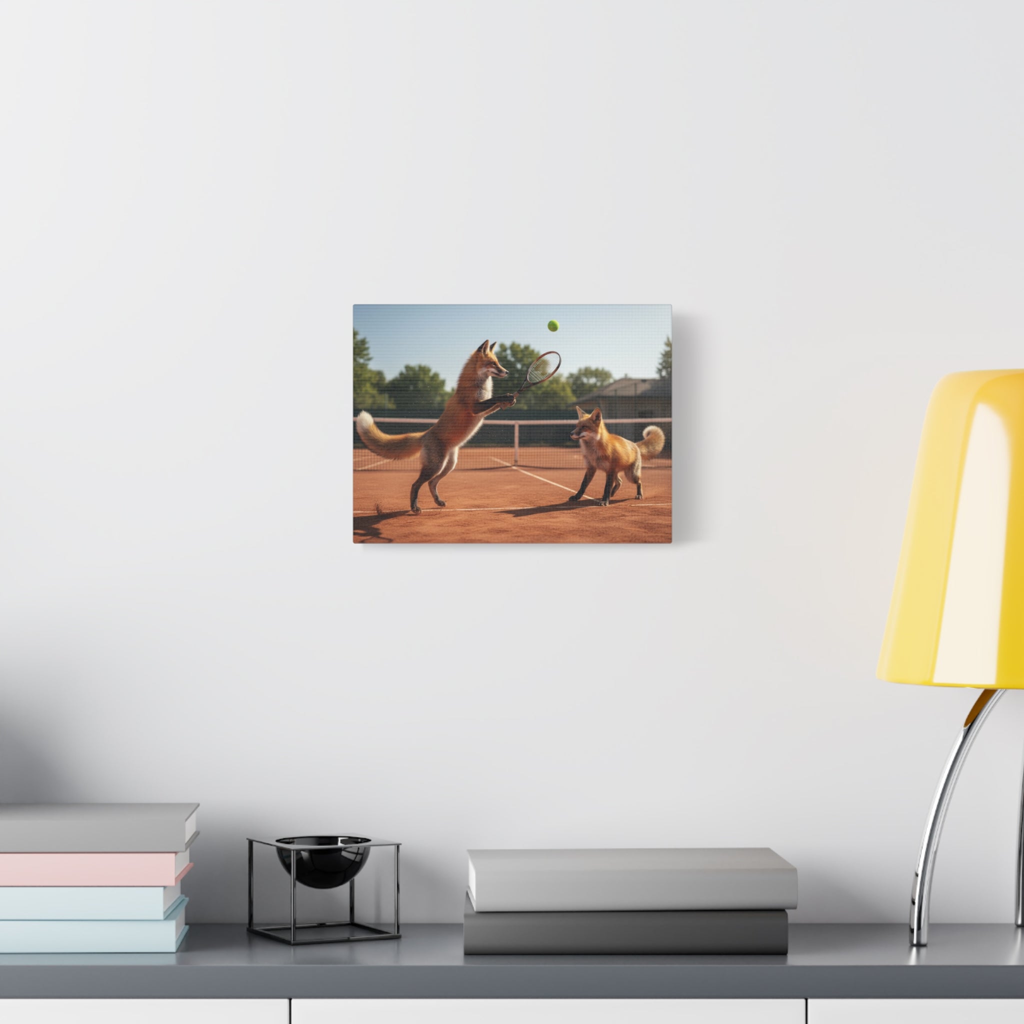 Foxes Playing Tennis Matte Canvas Wall Art — Whimsical Animal Sports Print