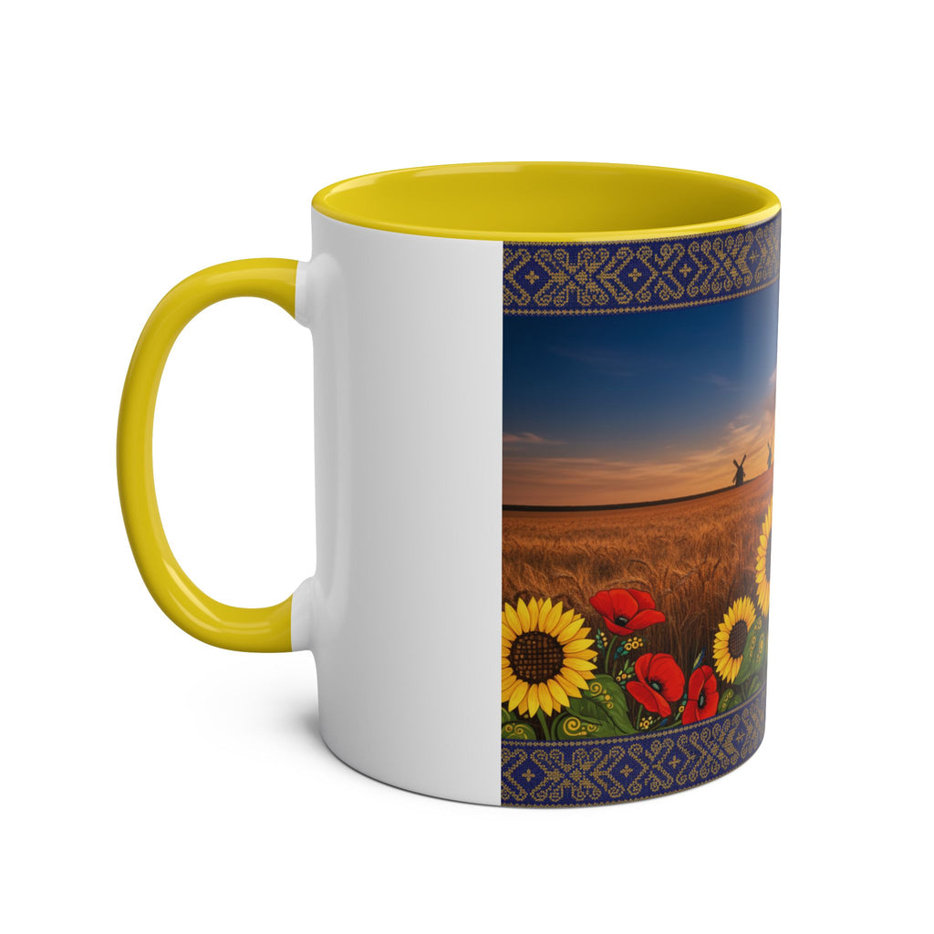 Sunflower Field Ceramic Mug — Two-Tone 11oz Coffee Cup with Sunrise & Windmills Design