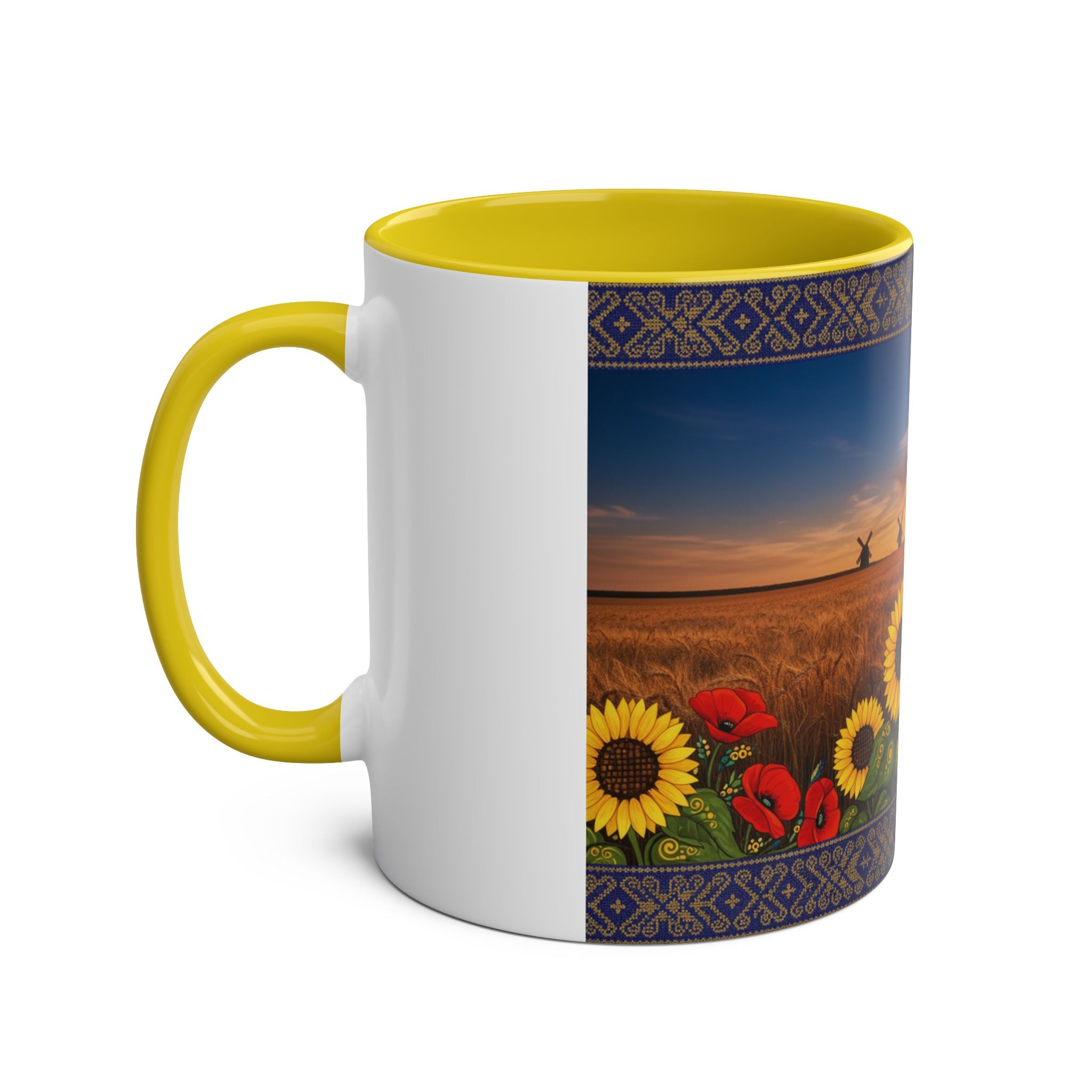 Sunflower Field Ceramic Mug — Two-Tone 11oz Coffee Cup with Sunrise & Windmills Design