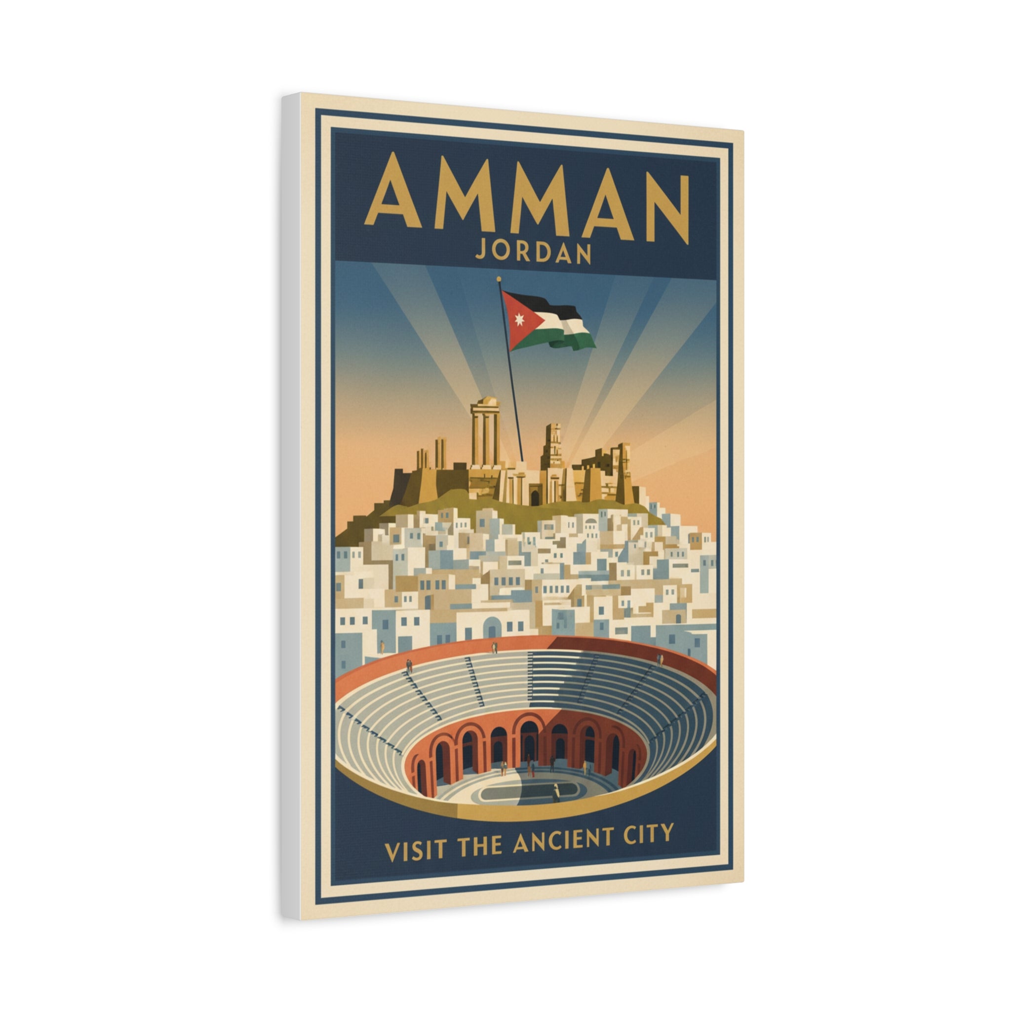 Amman Jordan Vintage Travel Canvas – "Visit the Ancient City" Stretched Wall Art