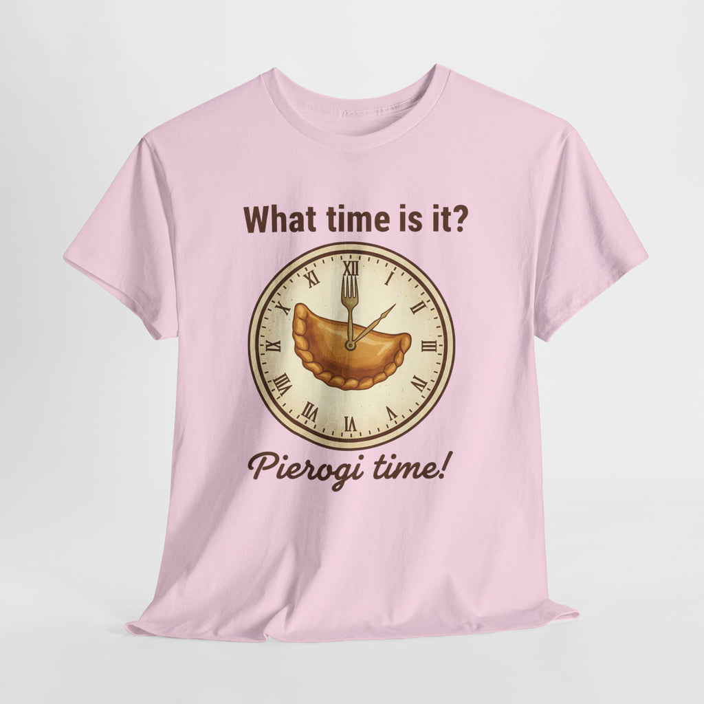 Pierogi Time T‑Shirt — "What time is it? Pierogi time!" Vintage Clock Food Tee