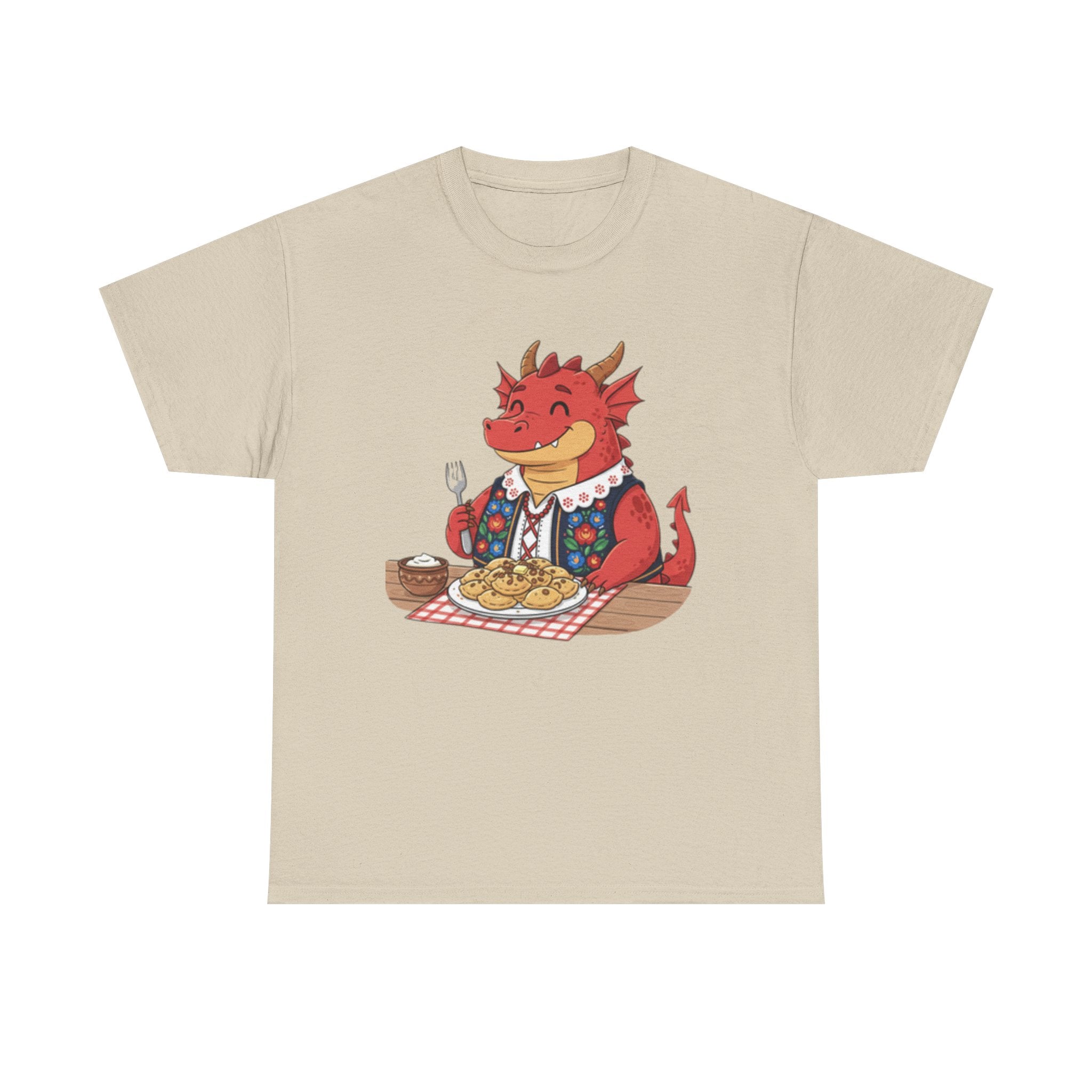 Dragon Eating Pierogi T-Shirt — "Mój nowy smok. Też lubi pierogi." Cute Polish Food Tee