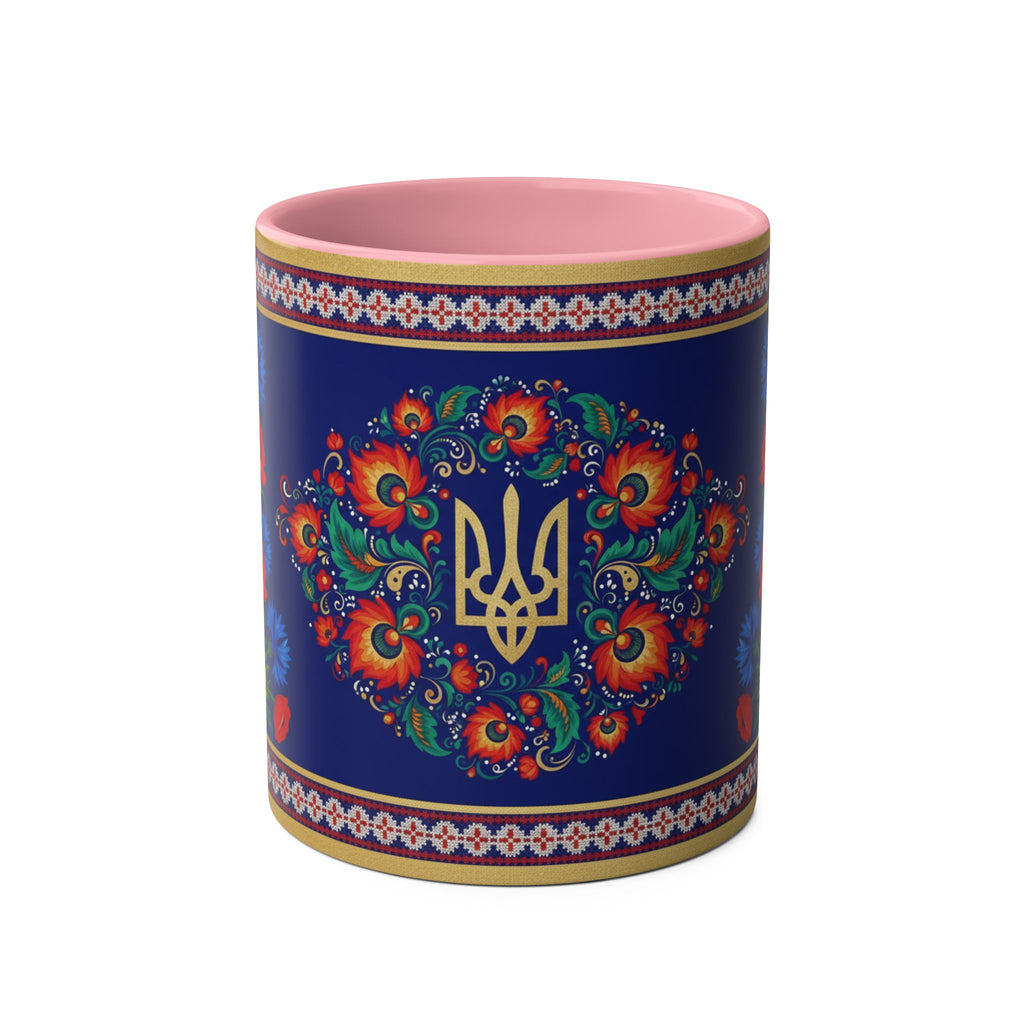 Ukrainian Floral Coffee Mug — Two-Tone 11oz with Tryzub & Folk Motif