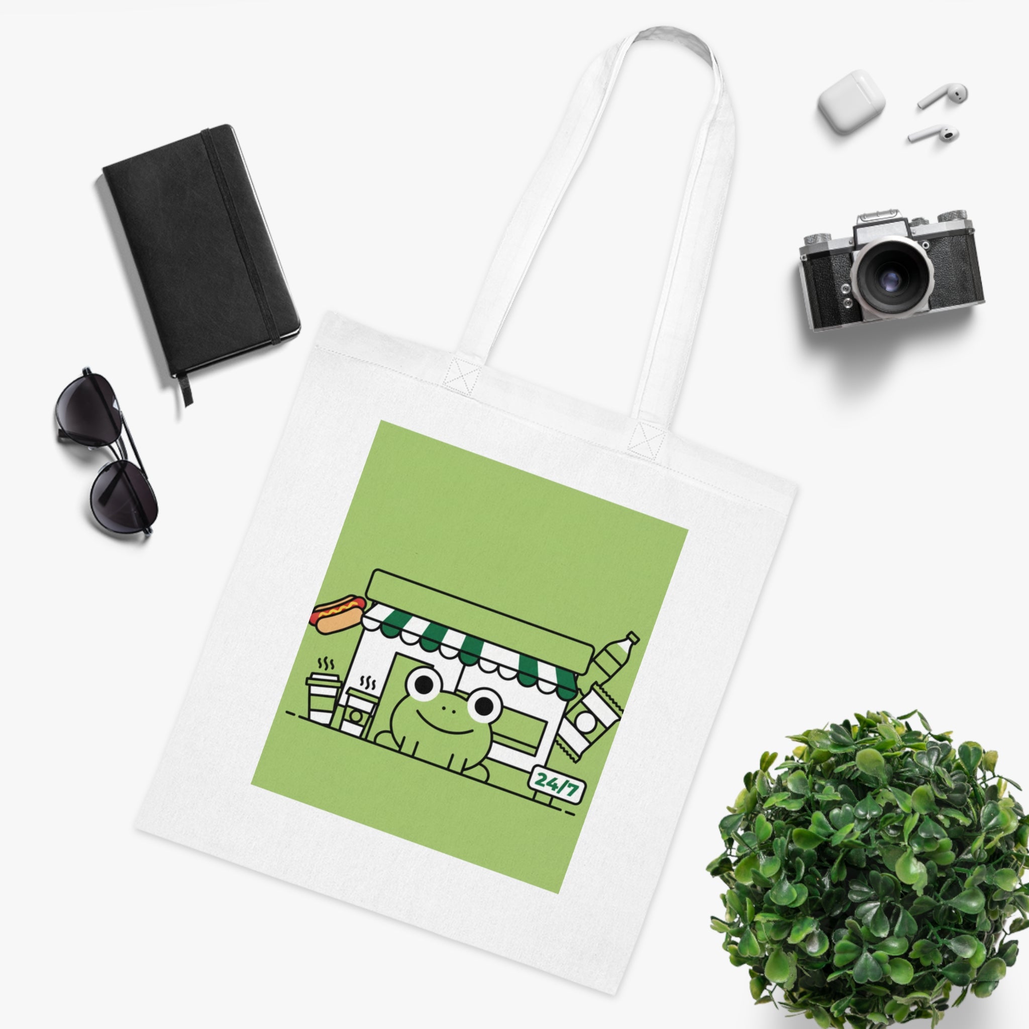 Frog Market Cotton Tote Bag — Cute Green Grocery Shopper Tote