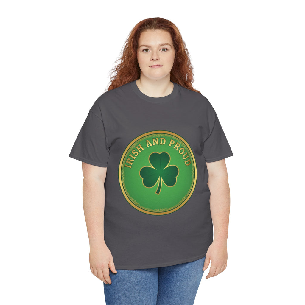 Irish and Proud T-Shirt — Green Shamrock Emblem Tee for St. Patrick's Day