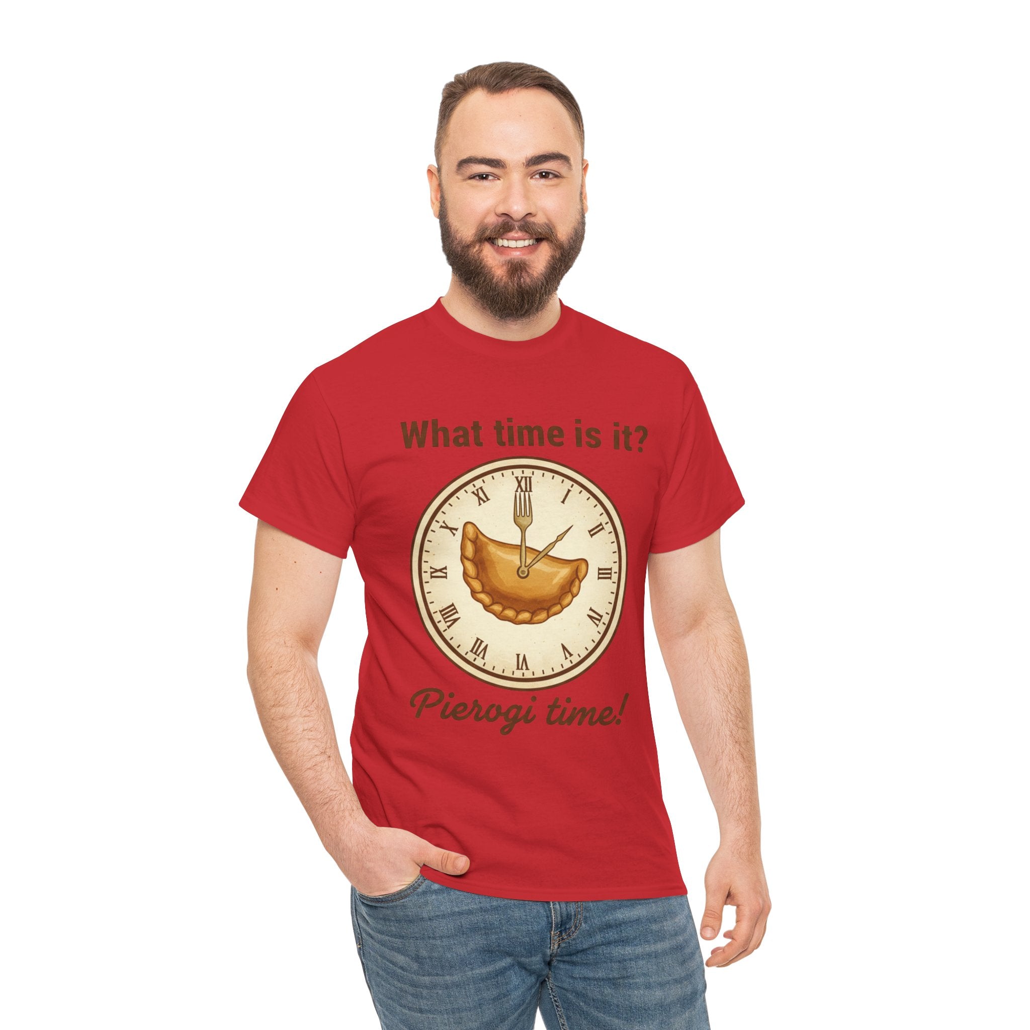 Pierogi Time T‑Shirt — "What time is it? Pierogi time!" Vintage Clock Food Tee