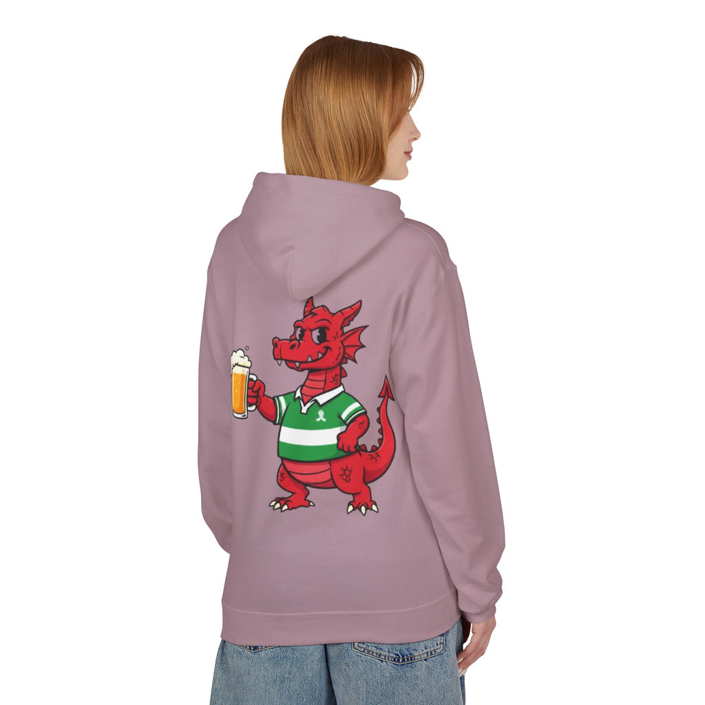 Welsh Dragon Drinking Beer Hoodie — Rugby Pub Fan Pullover