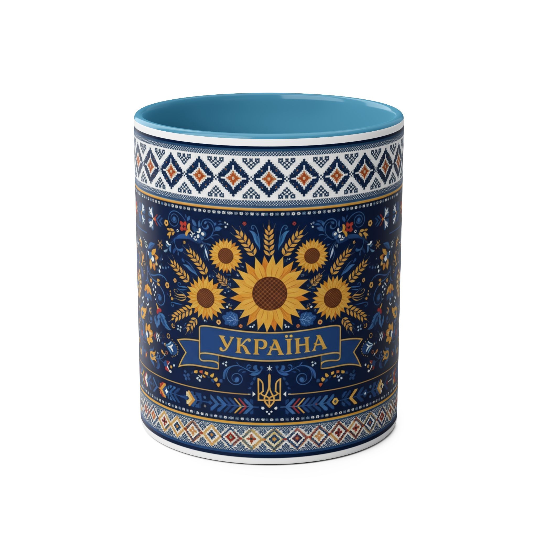 Ukraine Sunflowers Ceramic Mug — Two-Tone 11oz Coffee Cup with Ukrainian Folk Pattern