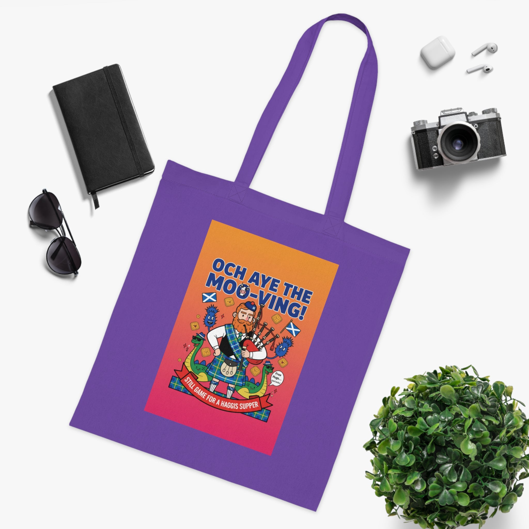 Scottish Cow Cartoon Cotton Tote — "Och Aye the Moo-ving!" Funny Celtic Grocery Bag