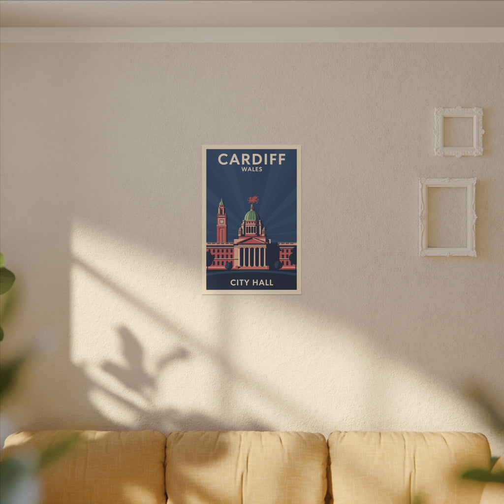 Cardiff City Hall Matte Canvas Wall Art — Vintage Wales Travel Poster