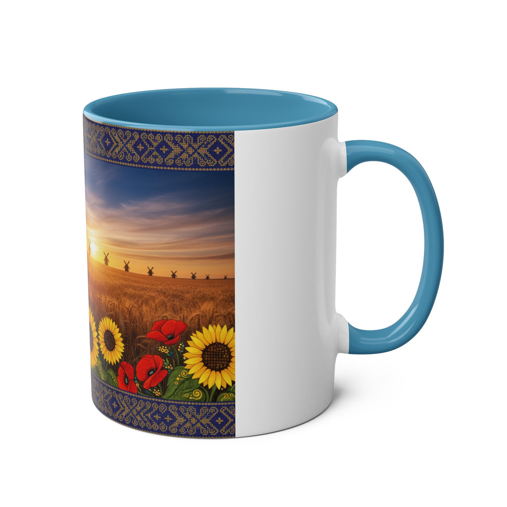Sunflower Field Ceramic Mug — Two-Tone 11oz Coffee Cup with Sunrise & Windmills Design