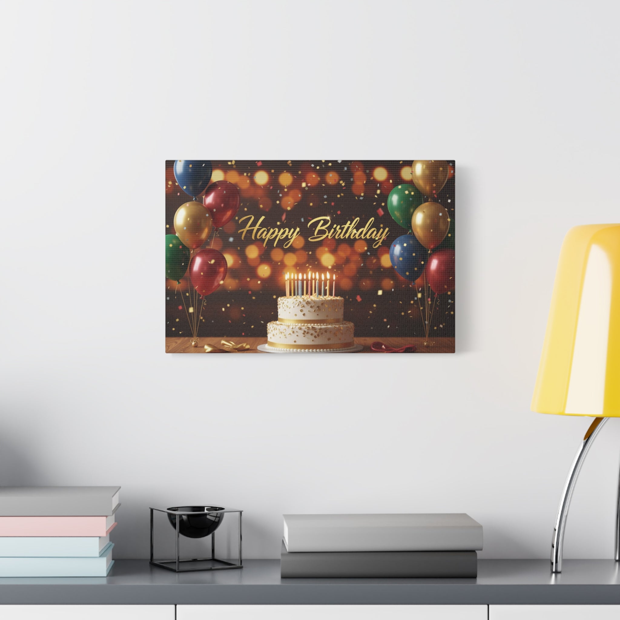 Happy Birthday Canvas Wall Art — Celebration Cake & Balloons Matte Stretched Print