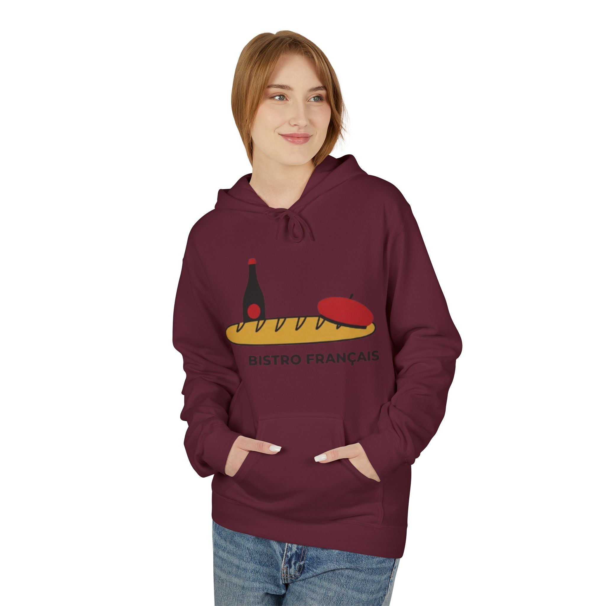 Bistro Français Hoodie — French Bistro Bread, Wine & Beret Graphic