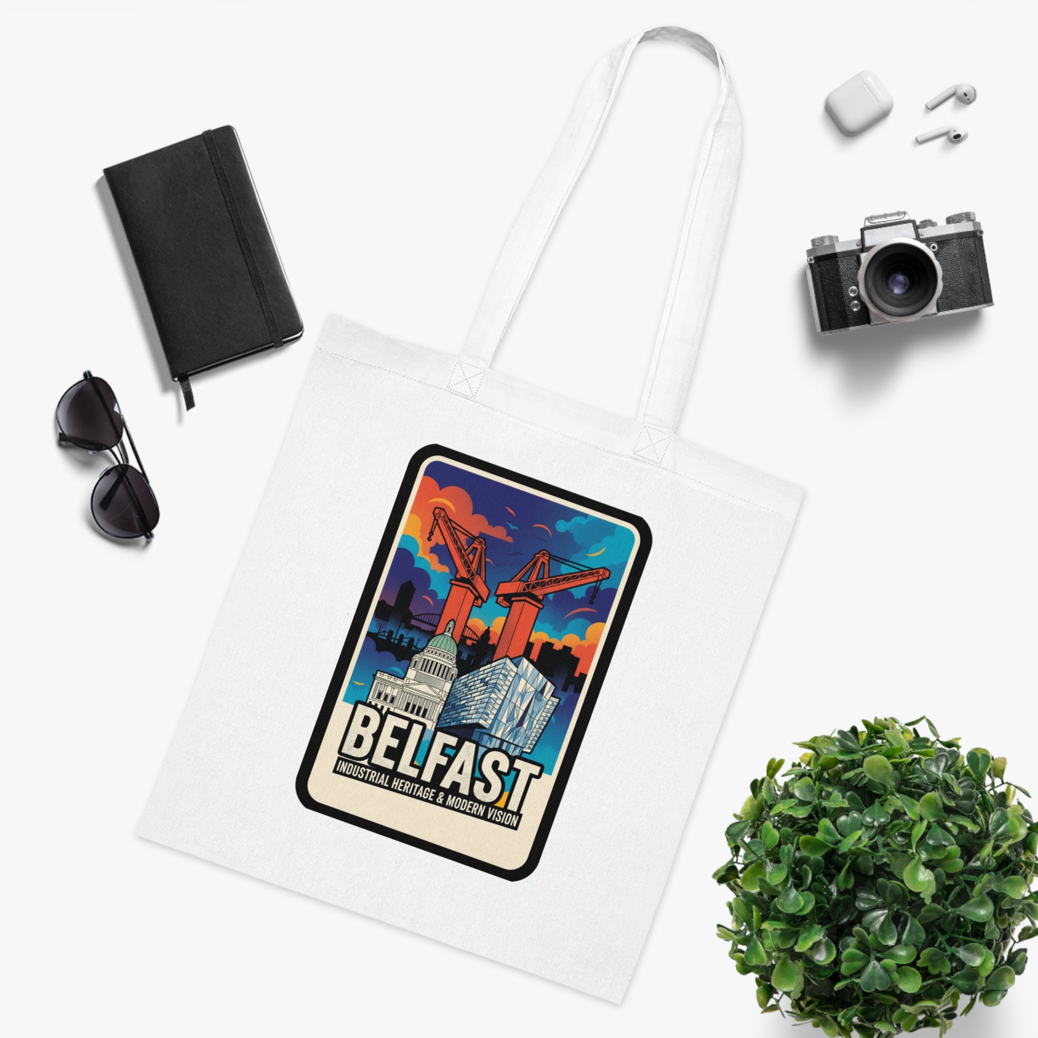 Belfast Retro Travel Cotton Tote Bag — Vintage Cityscape Market/Beach Bag